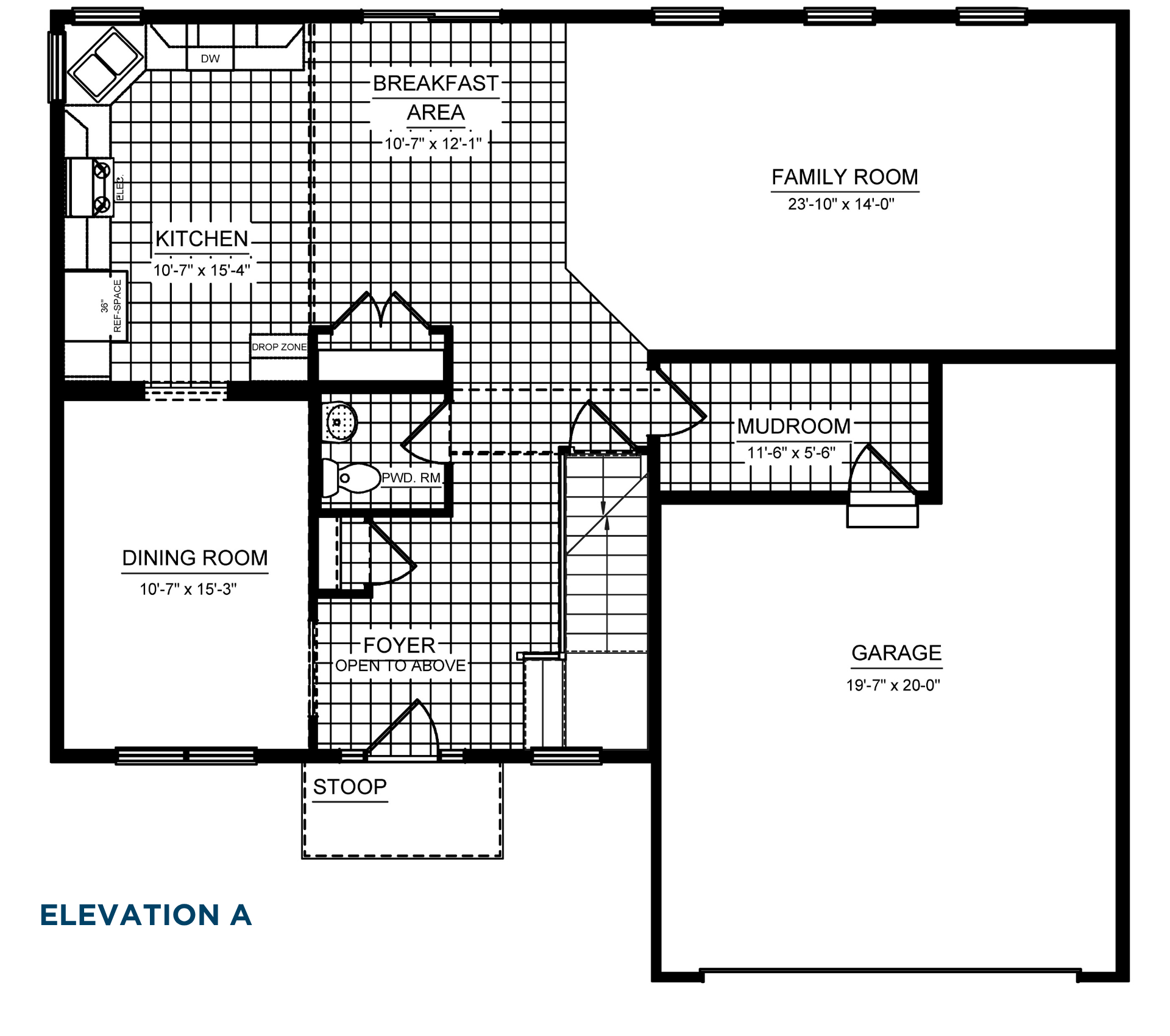 Newport two-story home main level with family room, kitchen, breakfast area, dining room, and mudroom