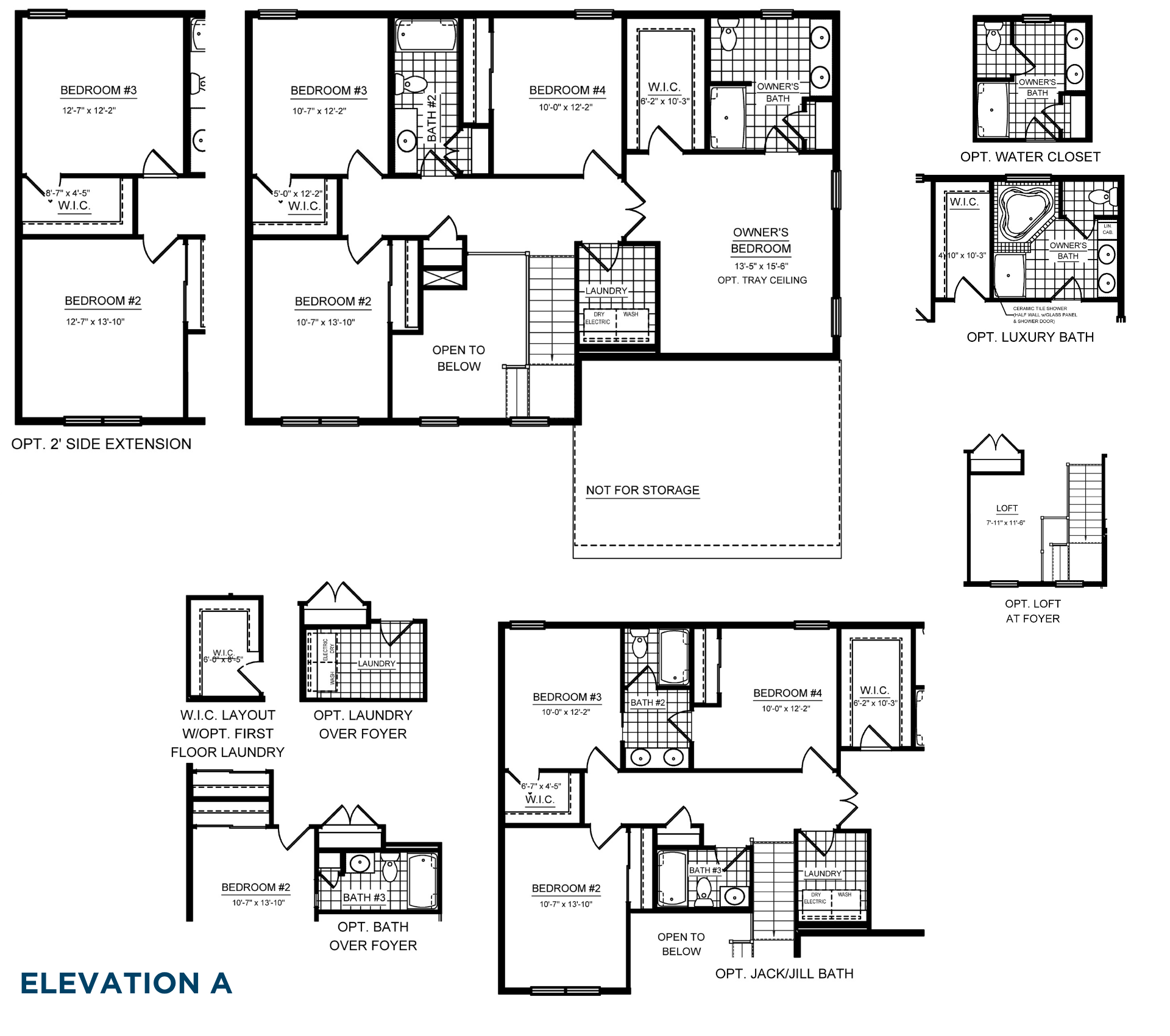 Newport second floor with owner's suite, three bedrooms, laundry, and optional bath and loft layouts