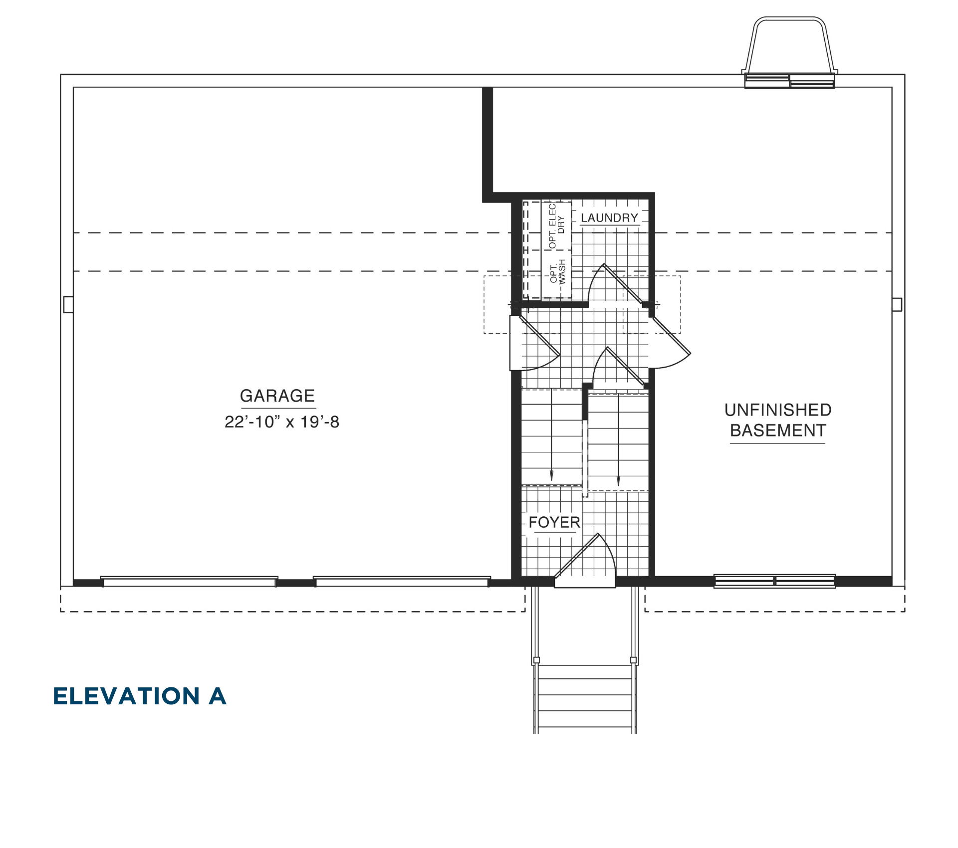Lower level floorplan with attached two-car garage, foyer entry, laundry area, stair access, and large unfinished basement for storage or future finishing options.