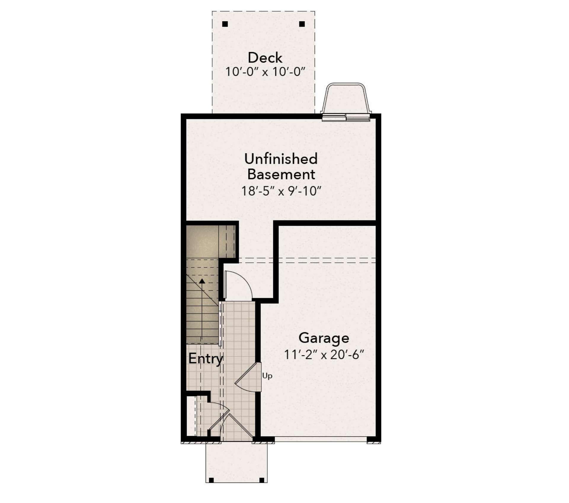 Lower level floorplan with attached garage, entry foyer, staircase to main living area, unfinished basement, and rear deck access above.