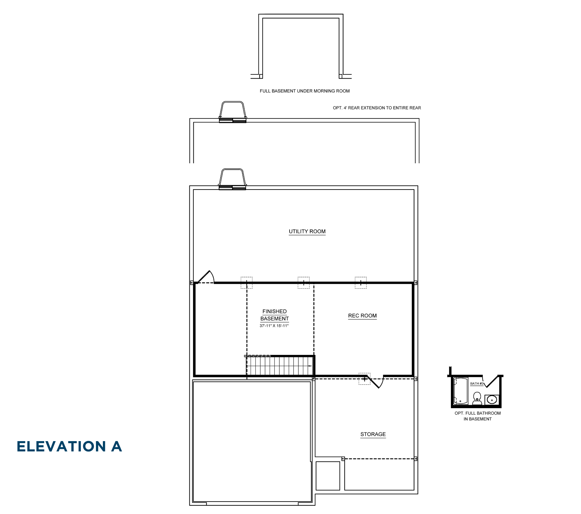 Basement floorplan with optional recreation room, utility room, storage area, stair access, optional full bathroom, and options for a full basement under the morning room and a 4-foot rear extension.