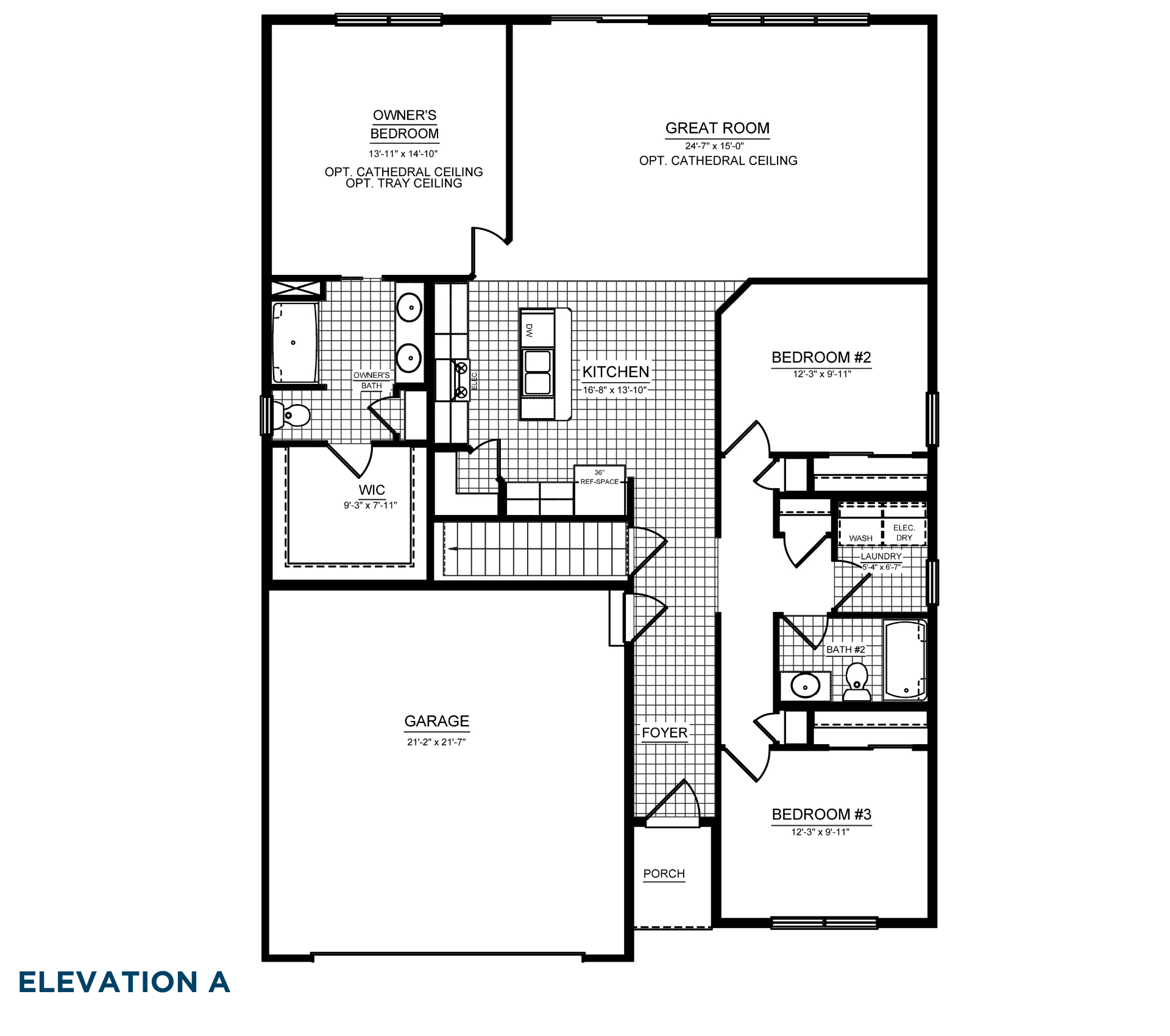 Three-bedroom ranch floorplan with owner's suite, walk-in closet, open kitchen, great room, laundry room, attached two-car garage, front porch, and optional cathedral or tray ceilings.