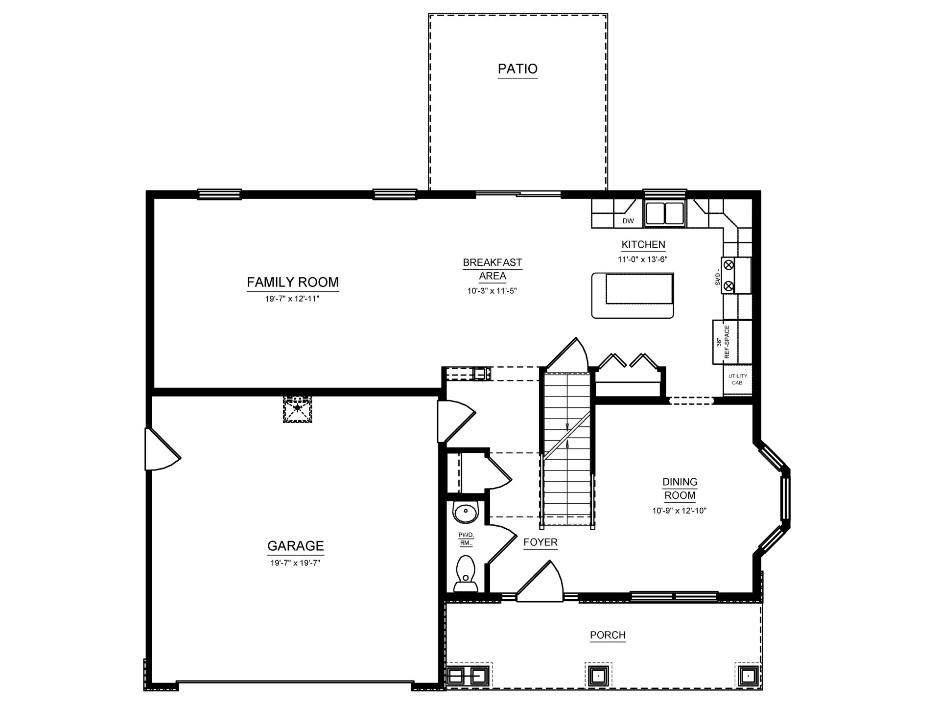 Main Level floorplan of two-story home with family room, kitchen, breakfast area, dining room, porch, patio, foyer, powder room, and attached garage