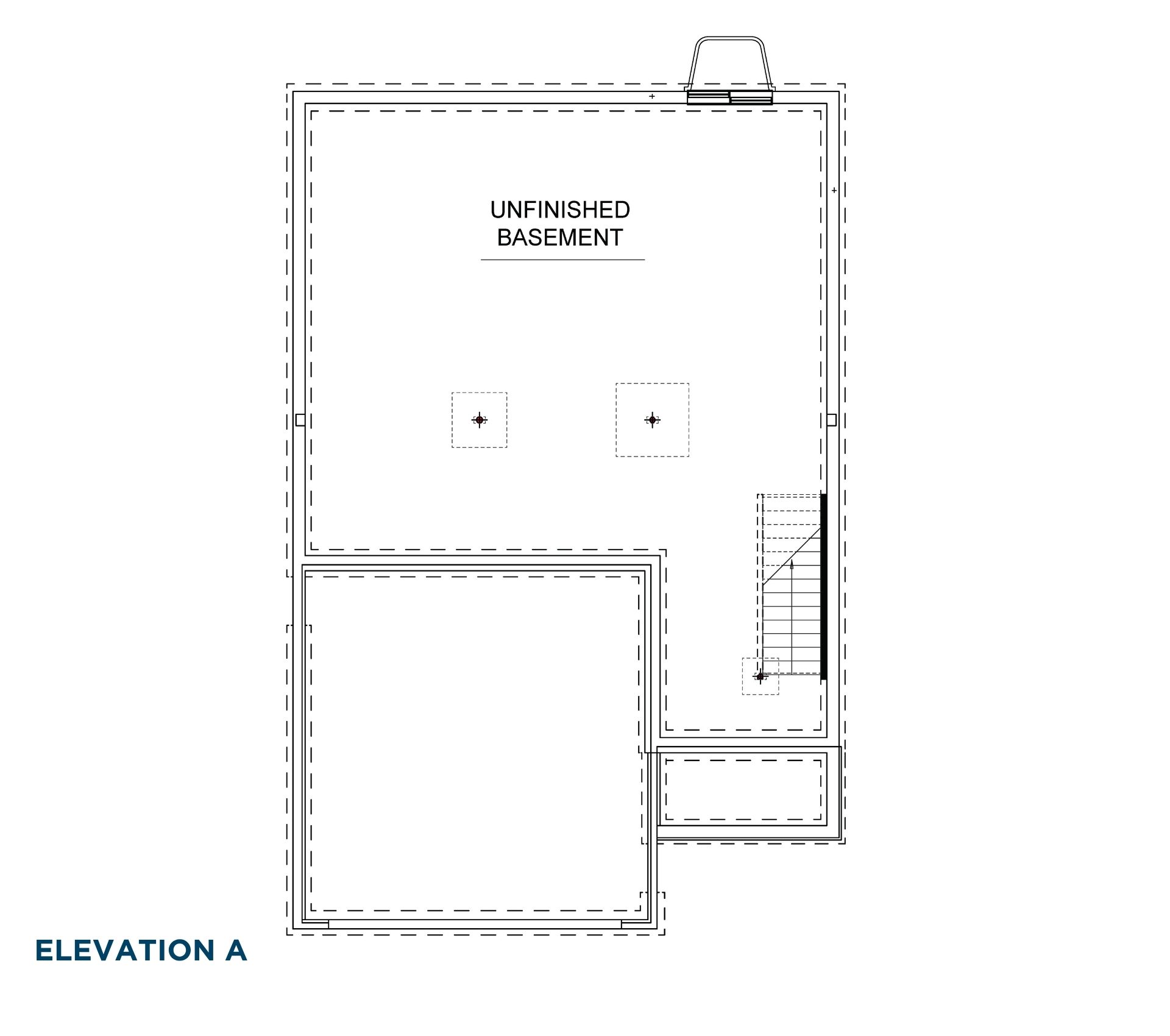 Unfinished basement floorplan with open storage area, stair access, and future finishing potential for added living space