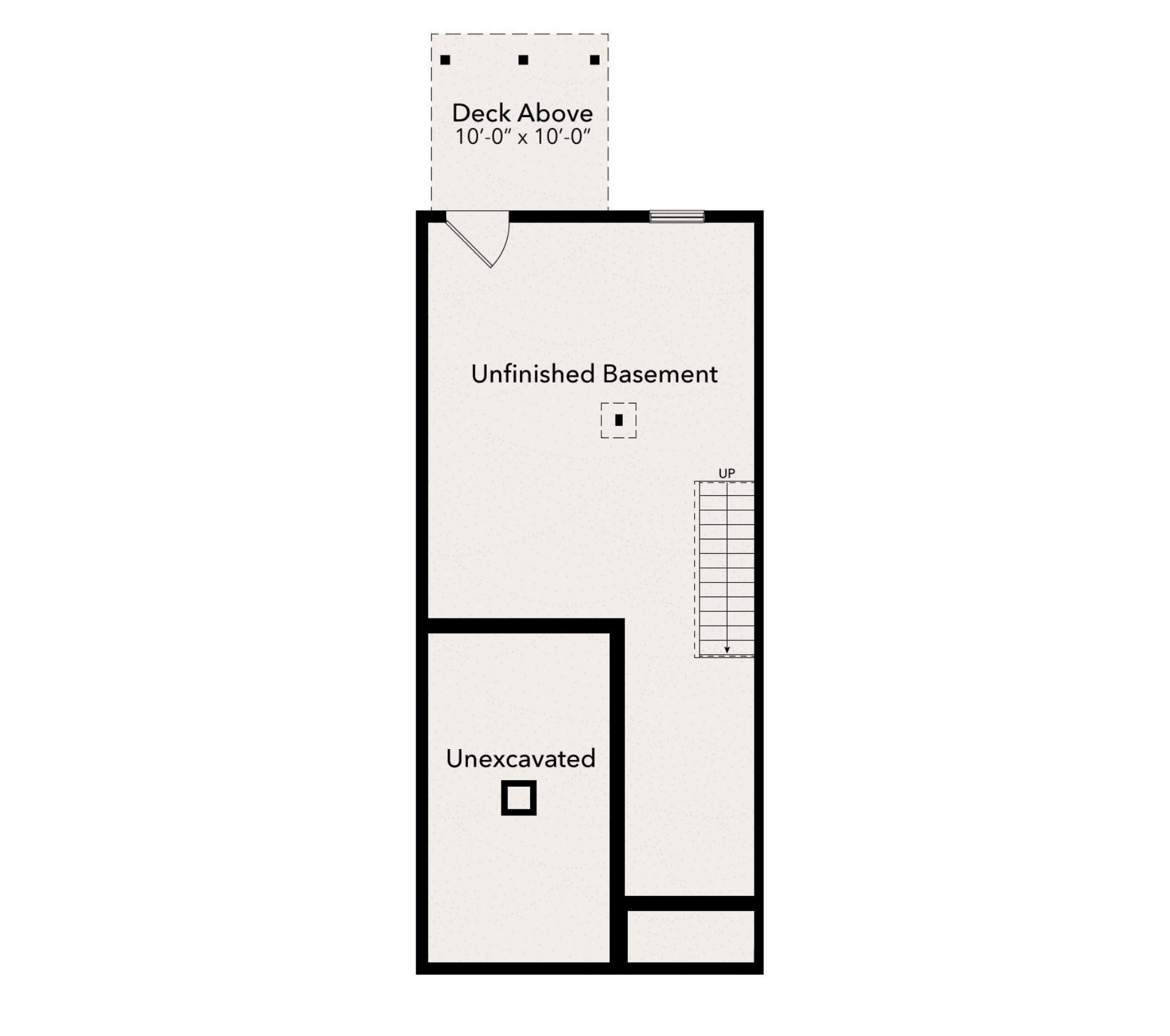Unfinished basement floorplan with stair access, storage space, unexcavated area, and walkout access below rear deck