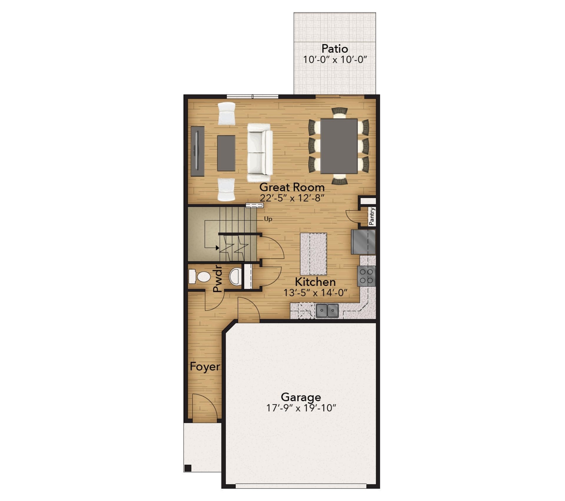 Main level floorplan with open great room, kitchen with pantry, powder room, foyer, attached garage, and rear patio