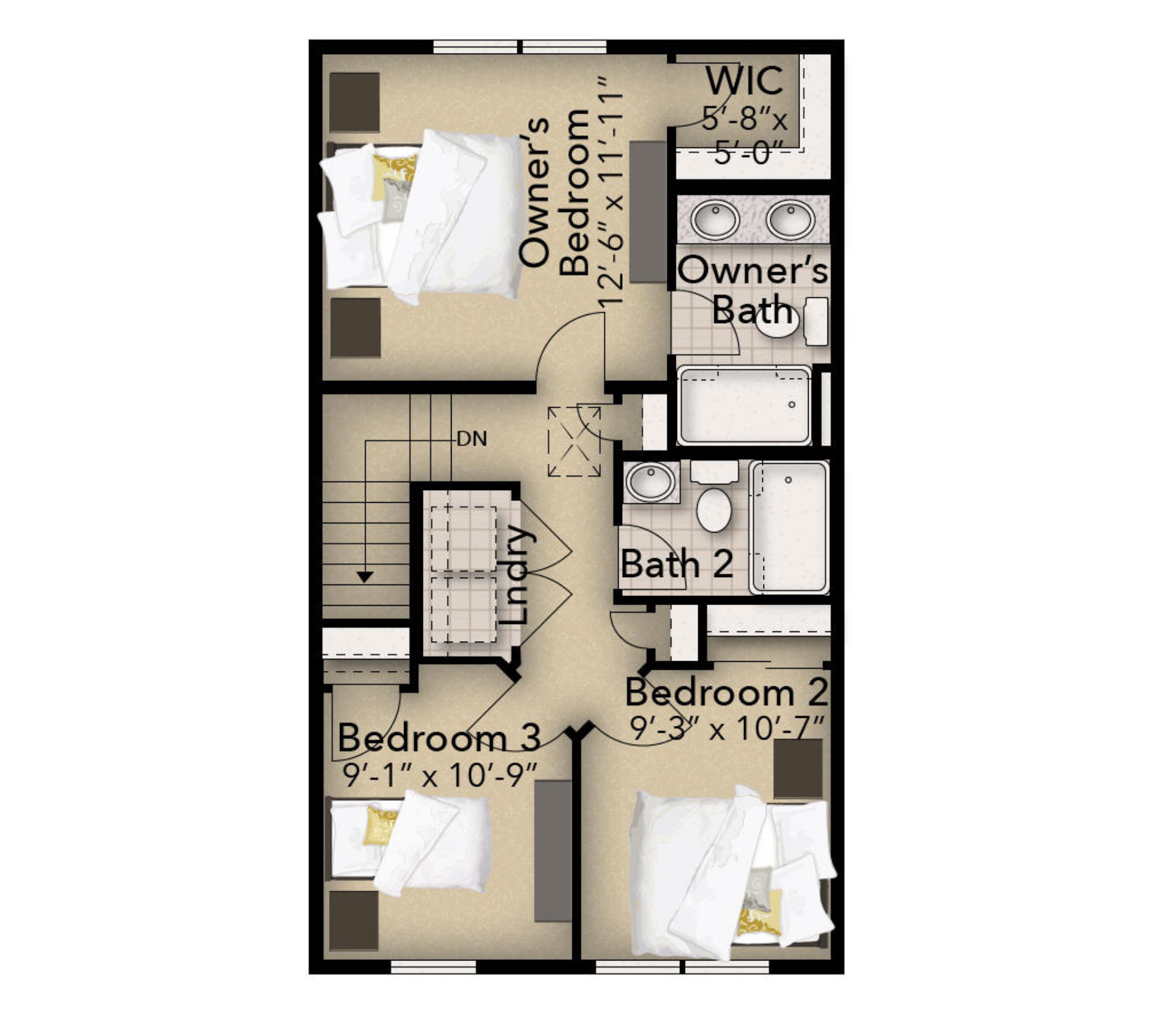 Second floor floorplan with owner's suite, walk-in closet, private bath, two secondary bedrooms, full bath, and laundry area.