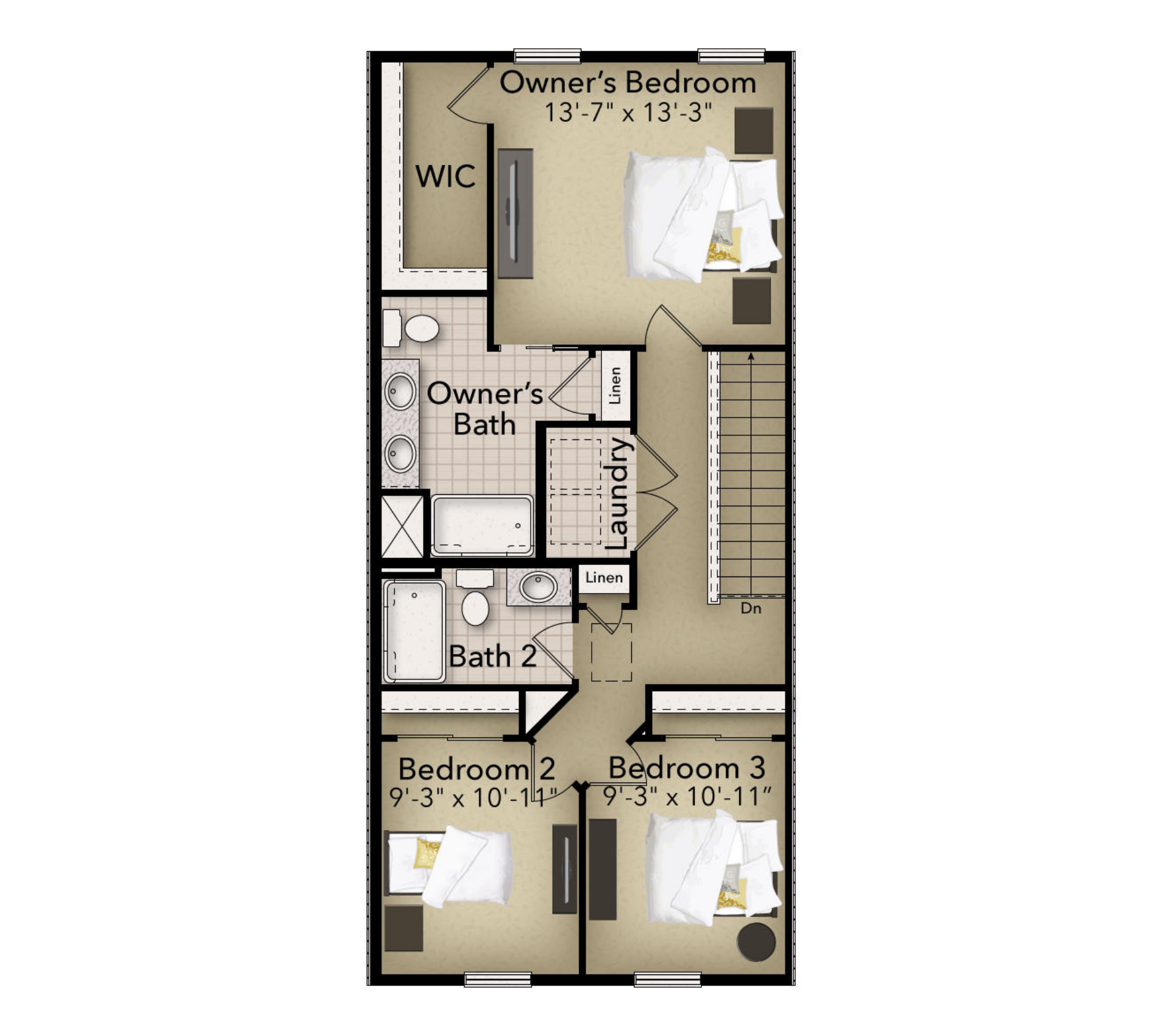 Second floor floorplan with owner's suite, walk-in closet, private bath, laundry area, two secondary bedrooms, and full hall bath.