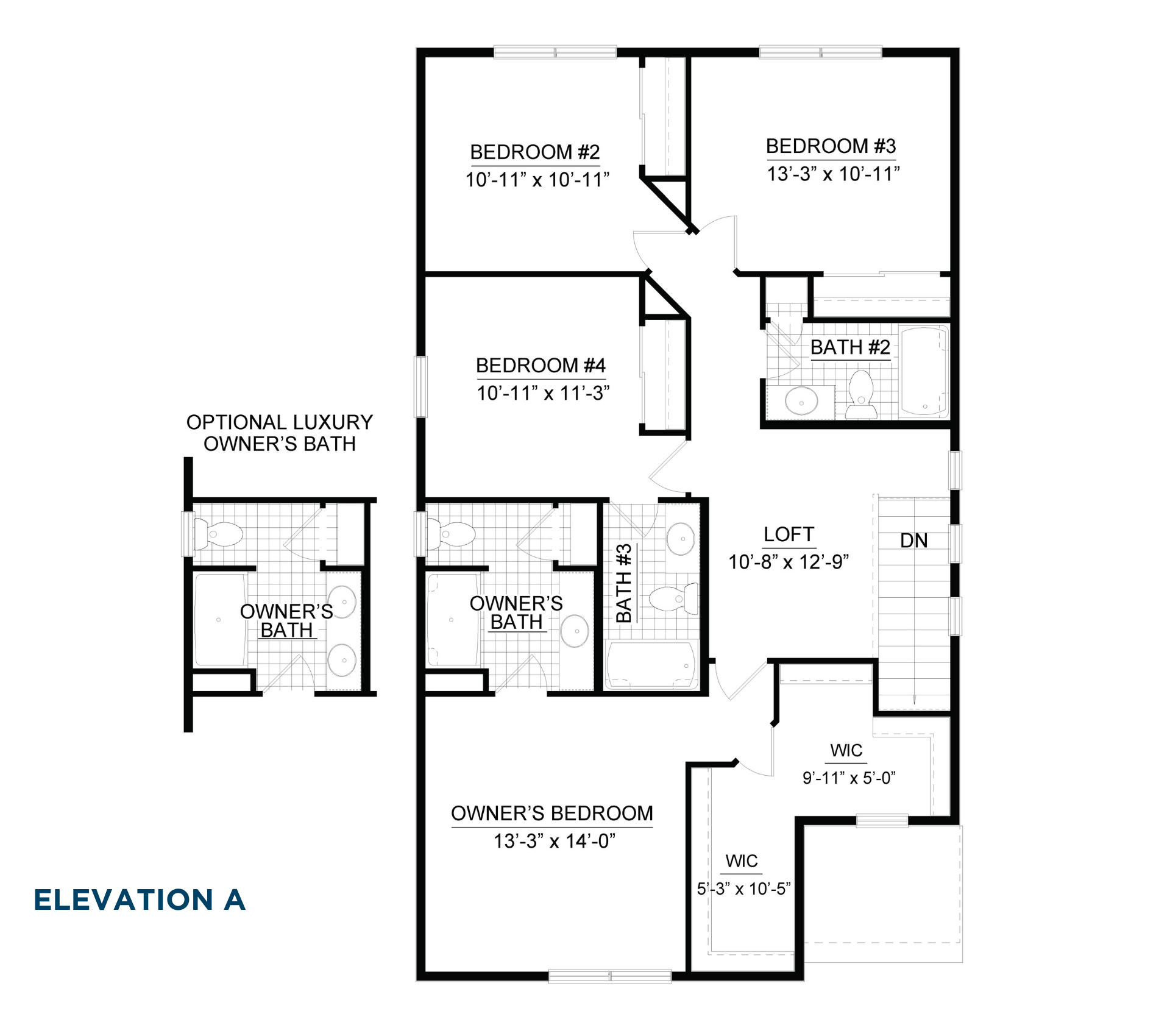 Second floor floorplan with owner's suite, walk-in closets, loft, three secondary bedrooms, three bathrooms, and optional luxury owner's bath.
