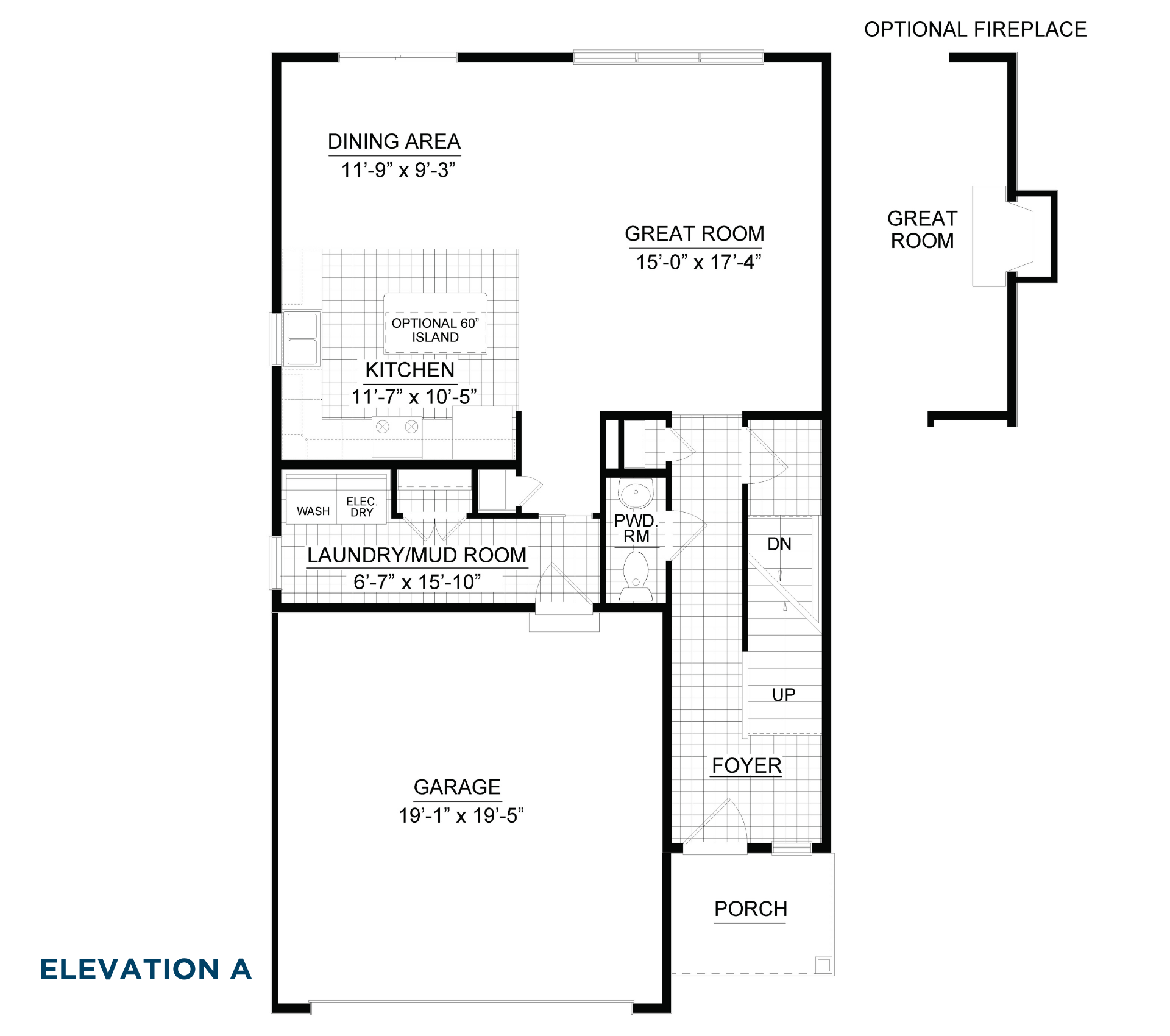 Main level floorplan with foyer, powder room, laundry and mud room, attached garage, kitchen, dining area, great room, and front porch.