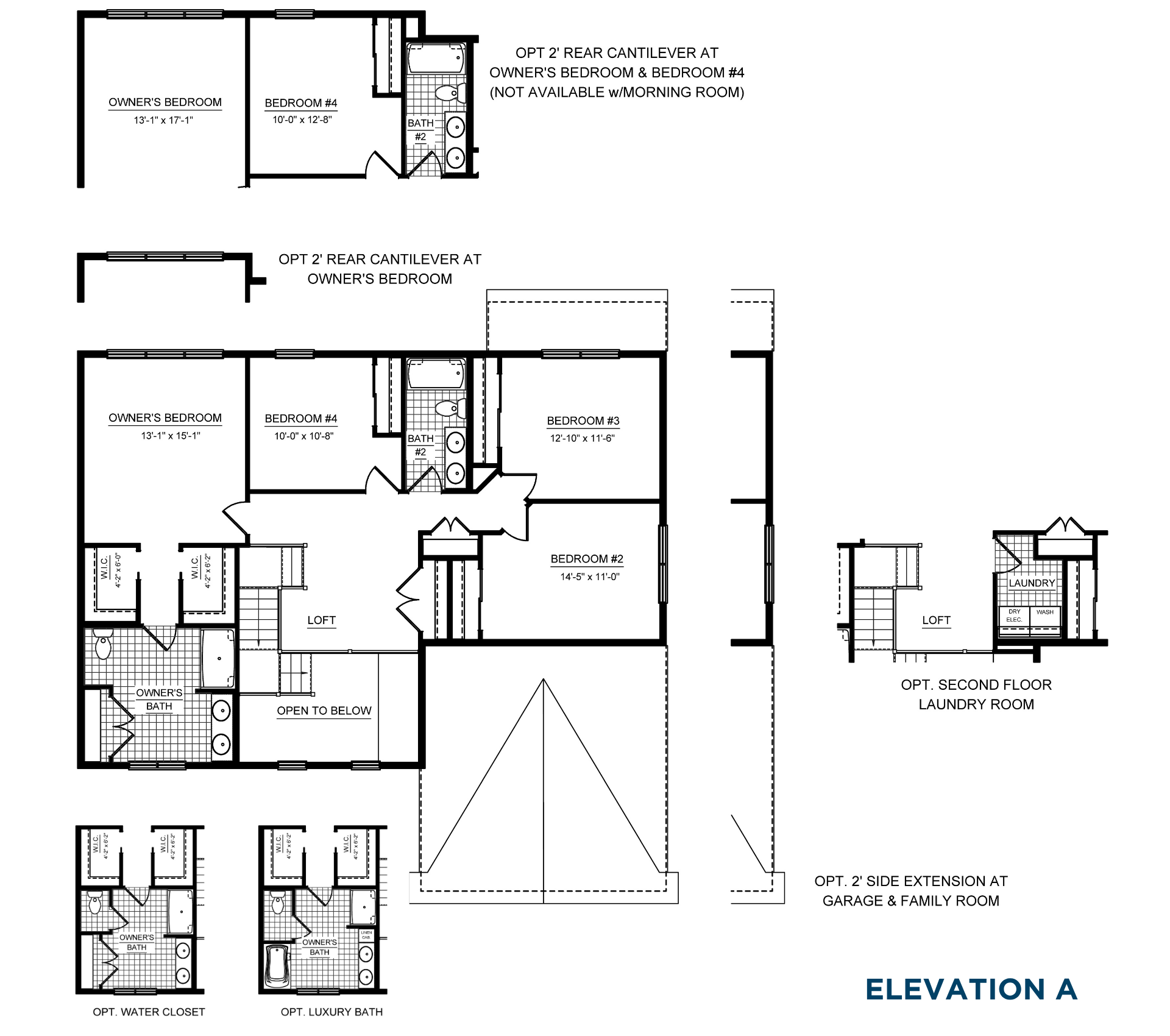Second floor floorplan with owner's suite, loft, three secondary bedrooms, laundry option, walk-in closets, and optional luxury bath layouts.