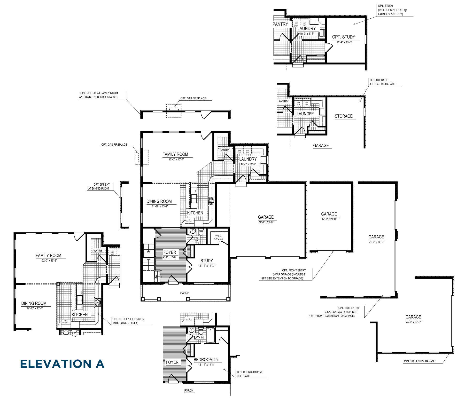 Main level floorplan options showing study, bedroom suite, garage, laundry, family room, dining room, kitchen, storage, and extension layouts.