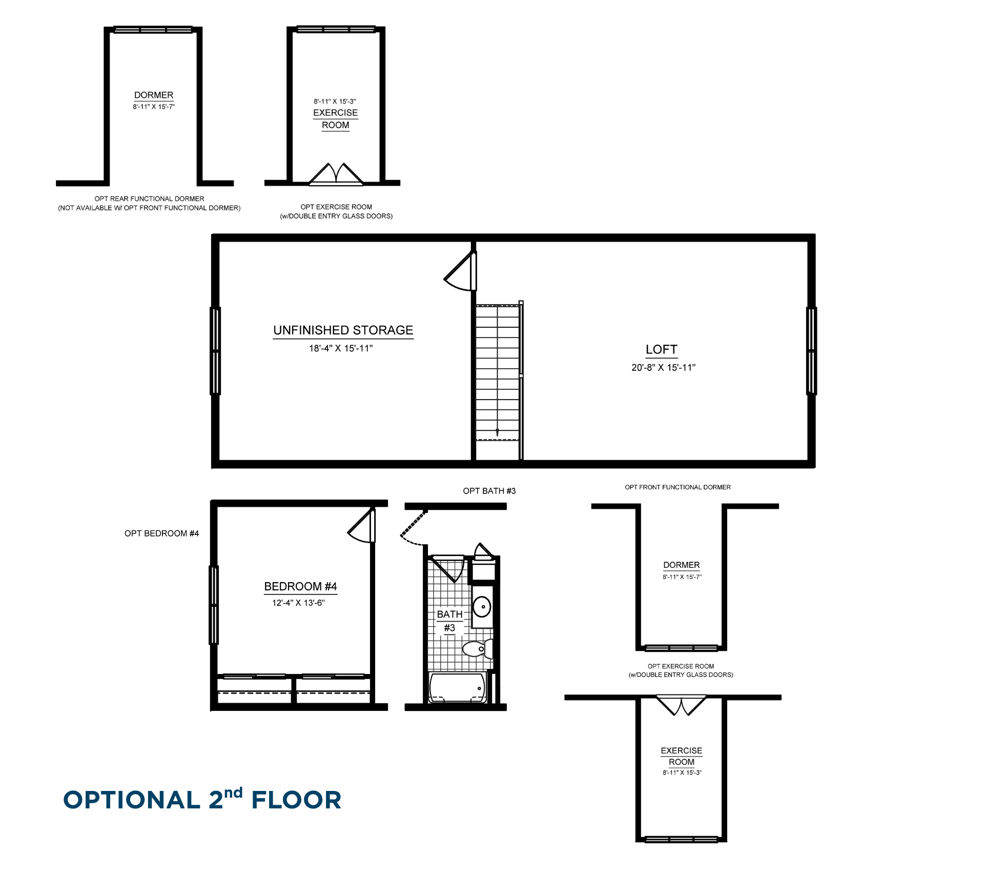 Optional second floor floorplan with loft, unfinished storage, optional bedroom, full bath, dormer, and exercise room layouts.