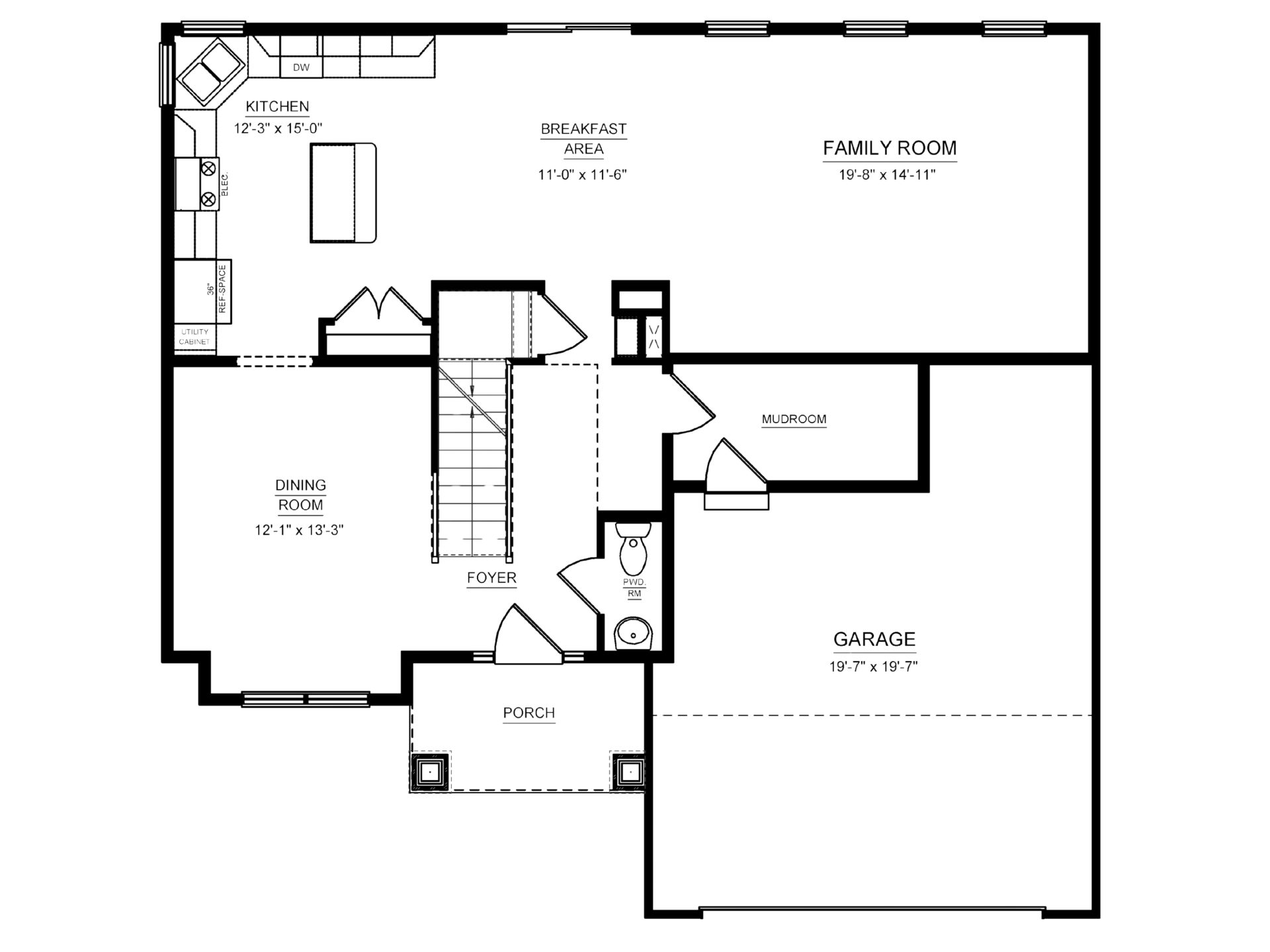 Floorplan layout of two-story home with main level living area and 2 car garage