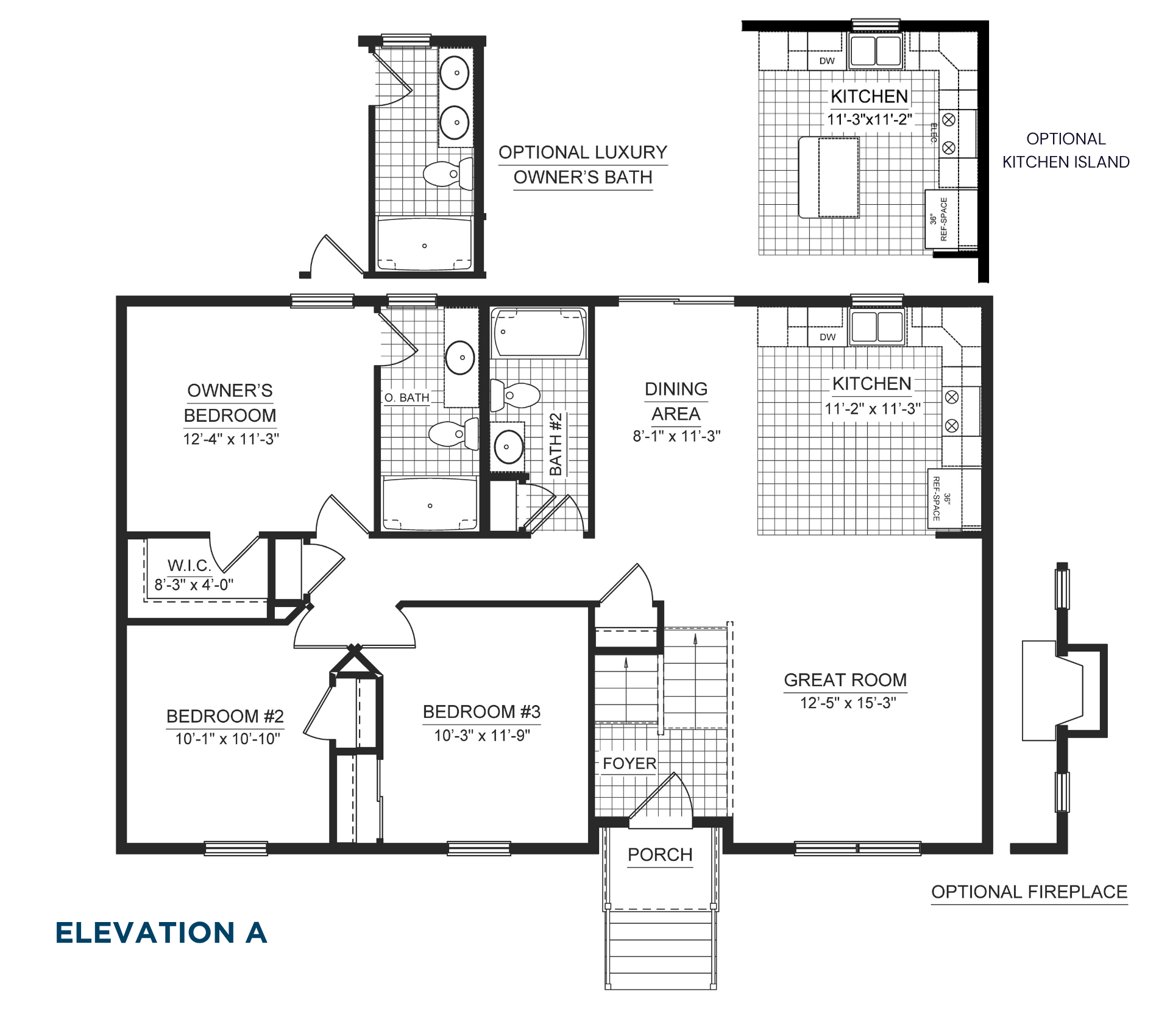 Three-bedroom bi-level floorplan with owner's suite, walk-in closet, open great room, kitchen, dining area, front porch, and optional luxury owner's bath, fireplace, and island
