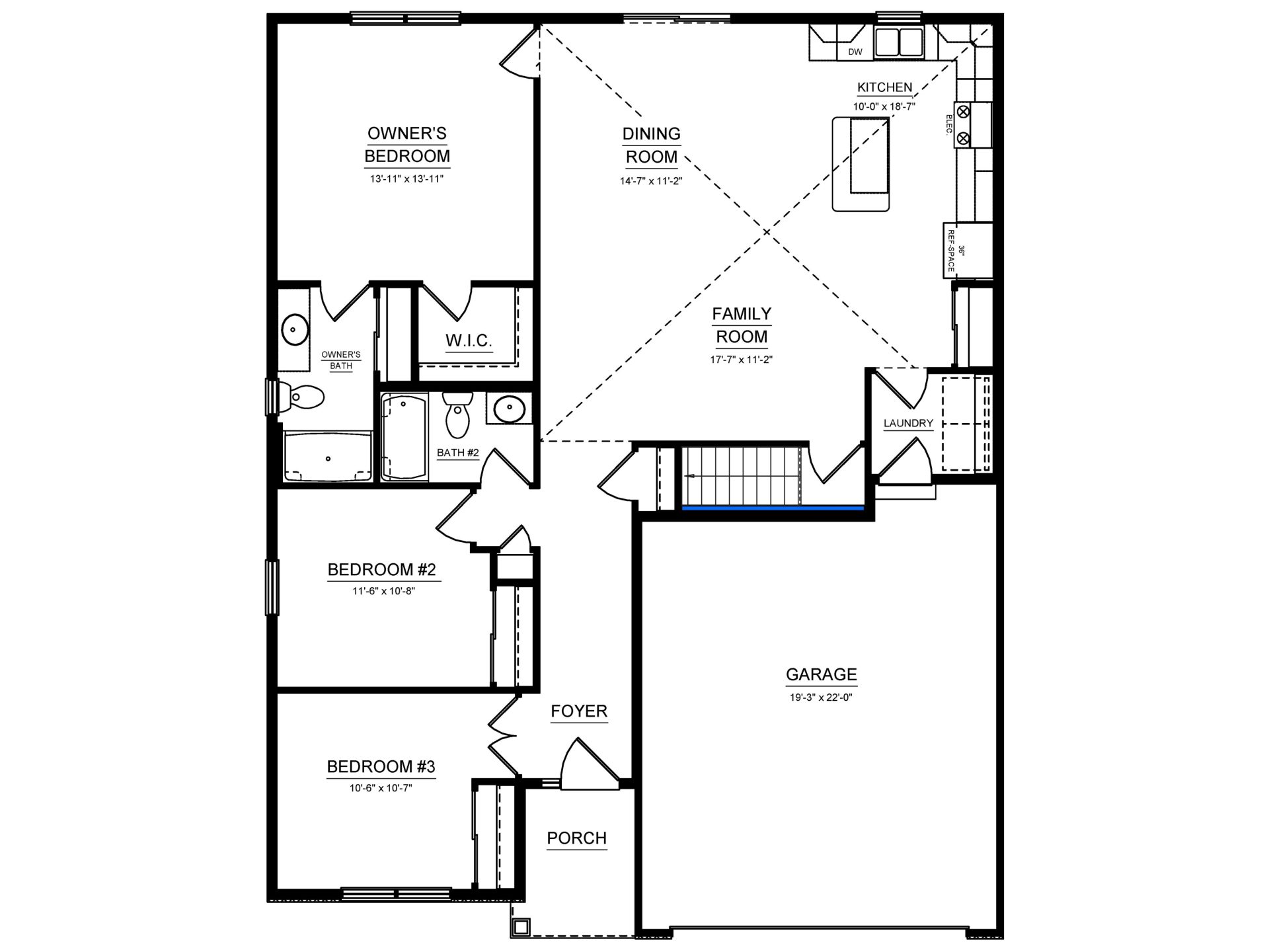 Floorplan drawing - main level living area with 2 car garage