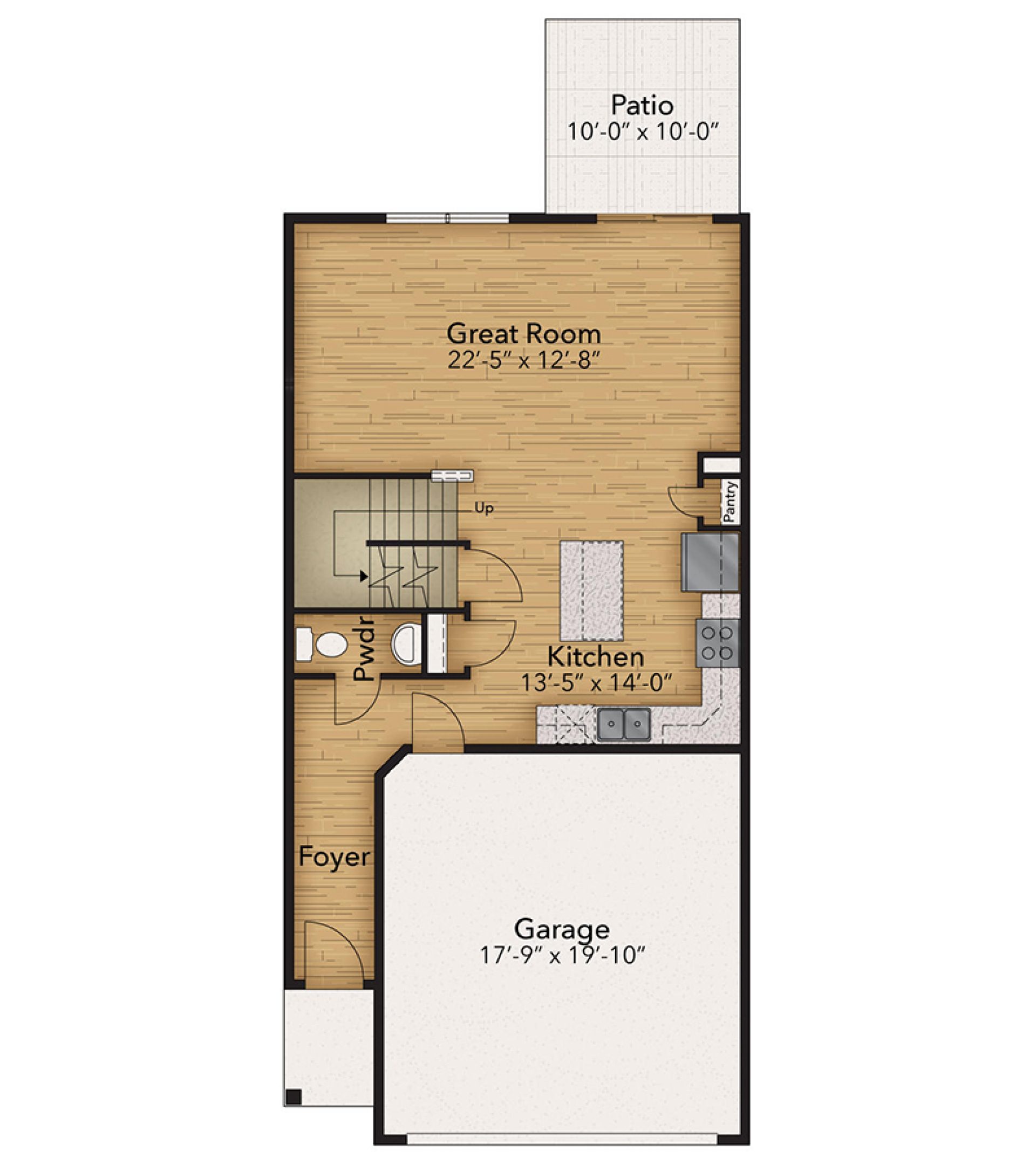 Main level floor plan featuring an open kitchen with island, great room, foyer, powder room, garage, and rear patio.