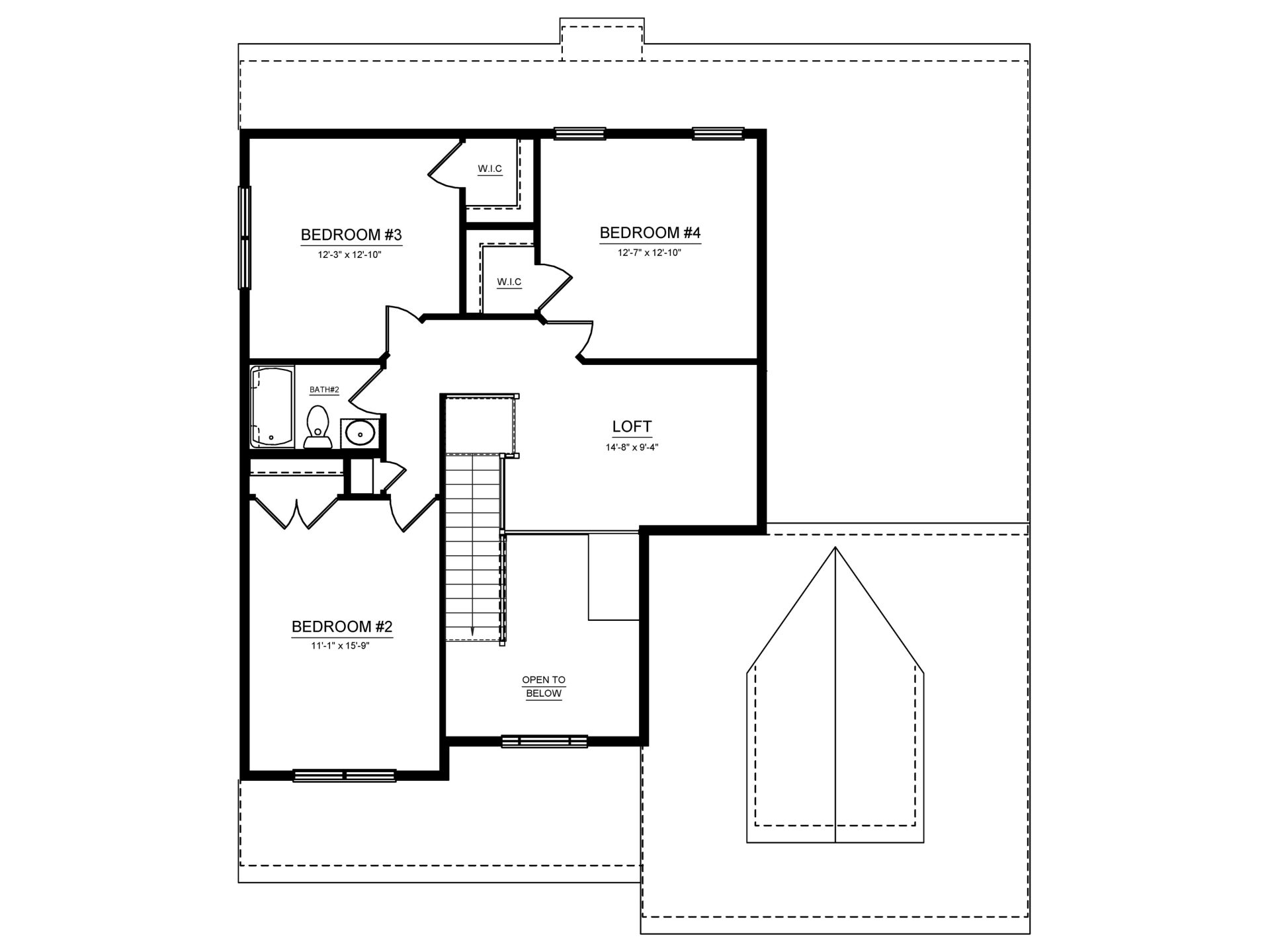 Floorplan Drawing - second floor living area with 3 full bedrooms, loft, and one full bath