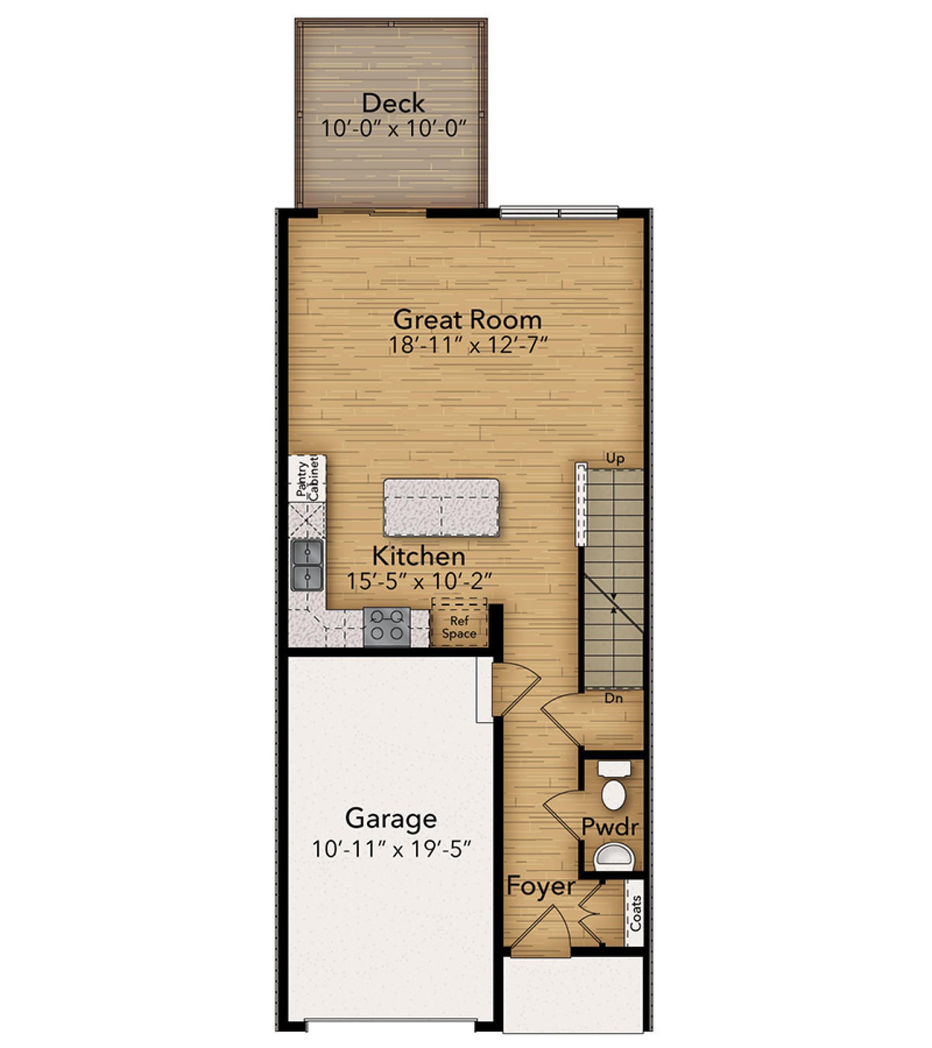Floorplan Layout - Main level living area with one car garage, kitchen,  and family room