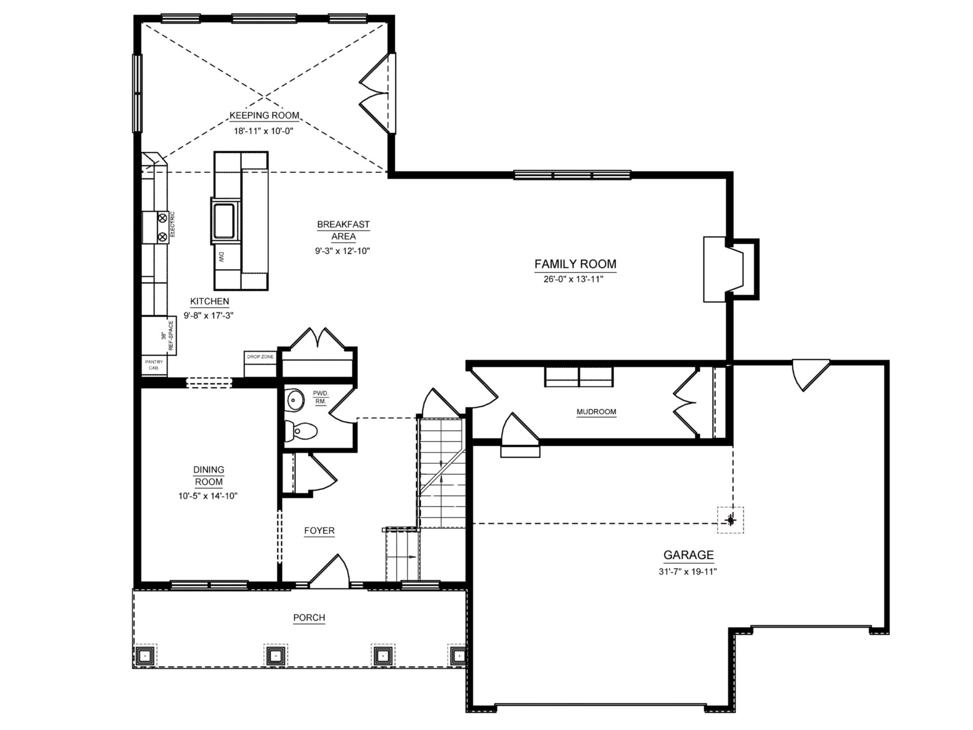 Main level floor plan featuring a family room, kitchen with island, breakfast area, keeping room, dining room, mudroom, and garage.