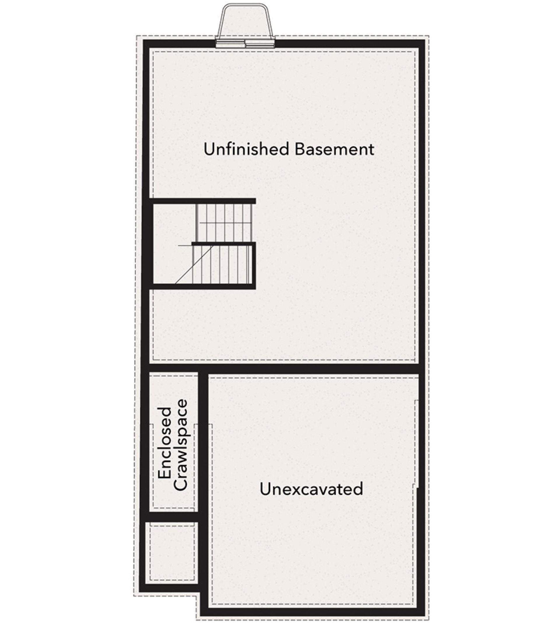 Unfinished basement floor plan with stair access, enclosed crawlspace, unexcavated storage area, and egress window well.