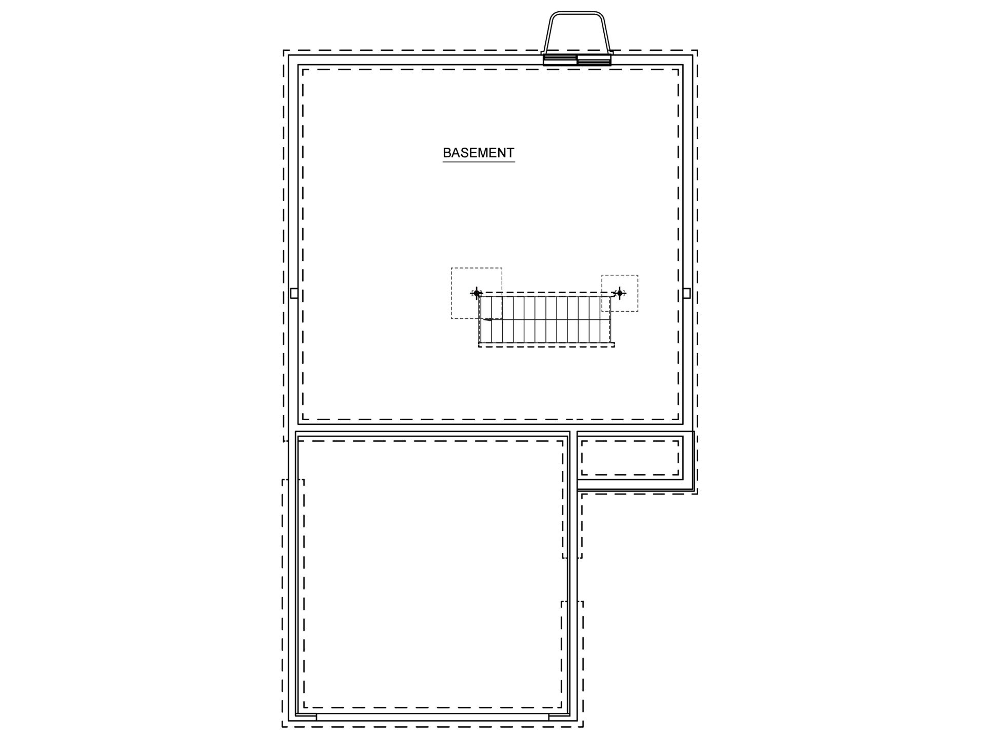 Unfinished basement floor plan with open layout, centered staircase, and walk-up exterior access.