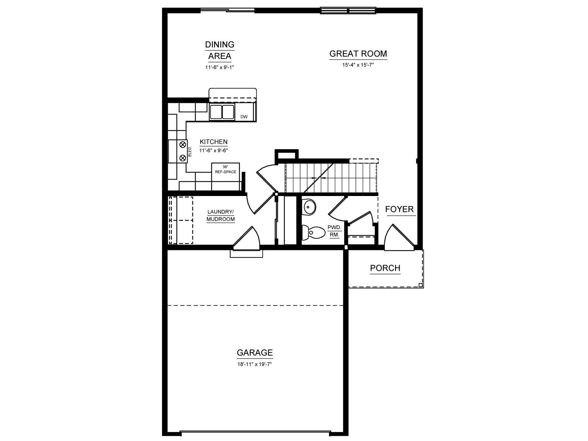 Main level floor plan featuring foyer, great room, dining area, kitchen, laundry, powder room, and two-car garage.