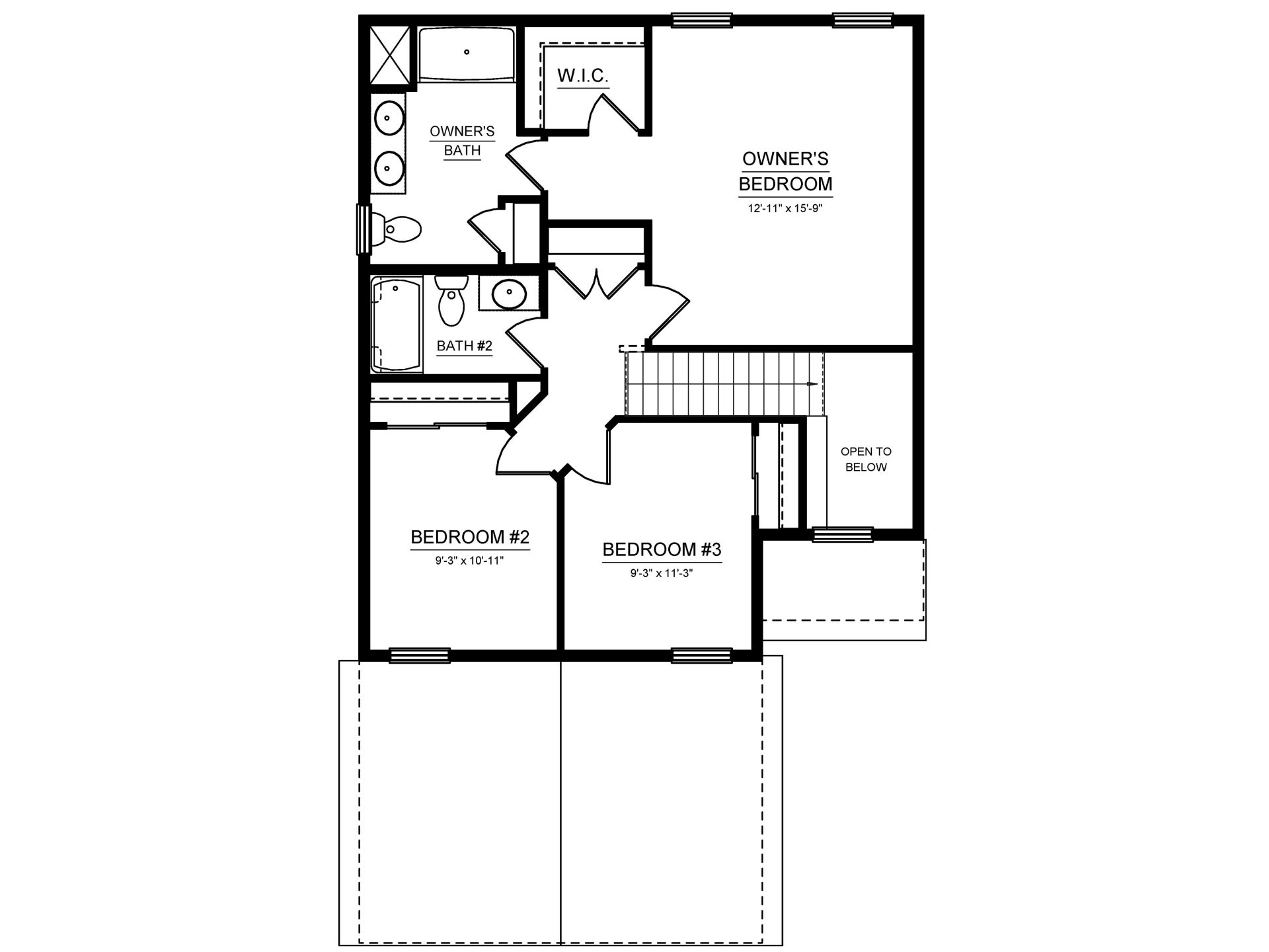 Second floor plan with owner's suite, walk-in closet, two bedrooms, full bath, hallway, and open-to-below loft area.