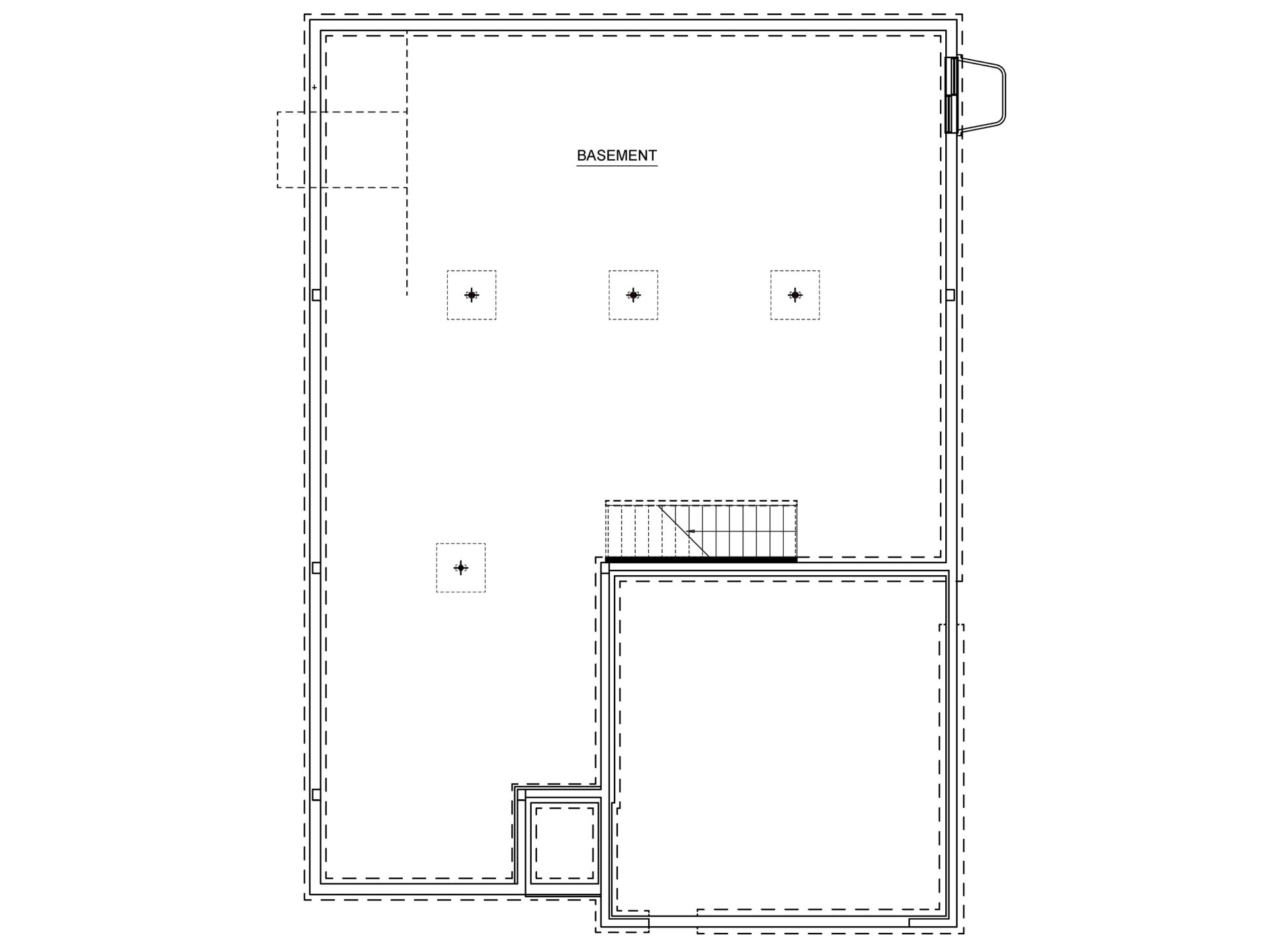 Unfinished basement floor plan with open layout, staircase access, support columns, and walk-up exterior exit.