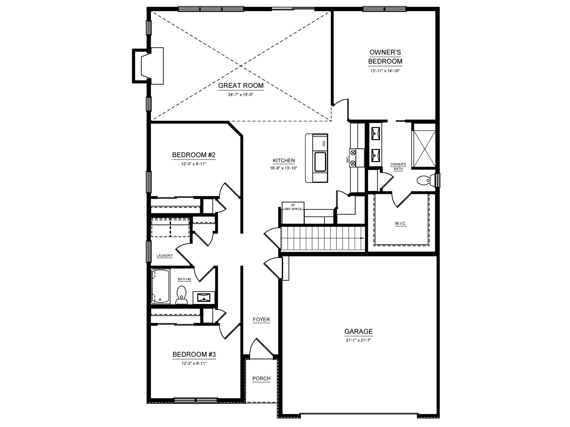 Main level floor plan featuring great room, kitchen with island, owner's suite, two bedrooms, laundry, foyer, and two-car garage.