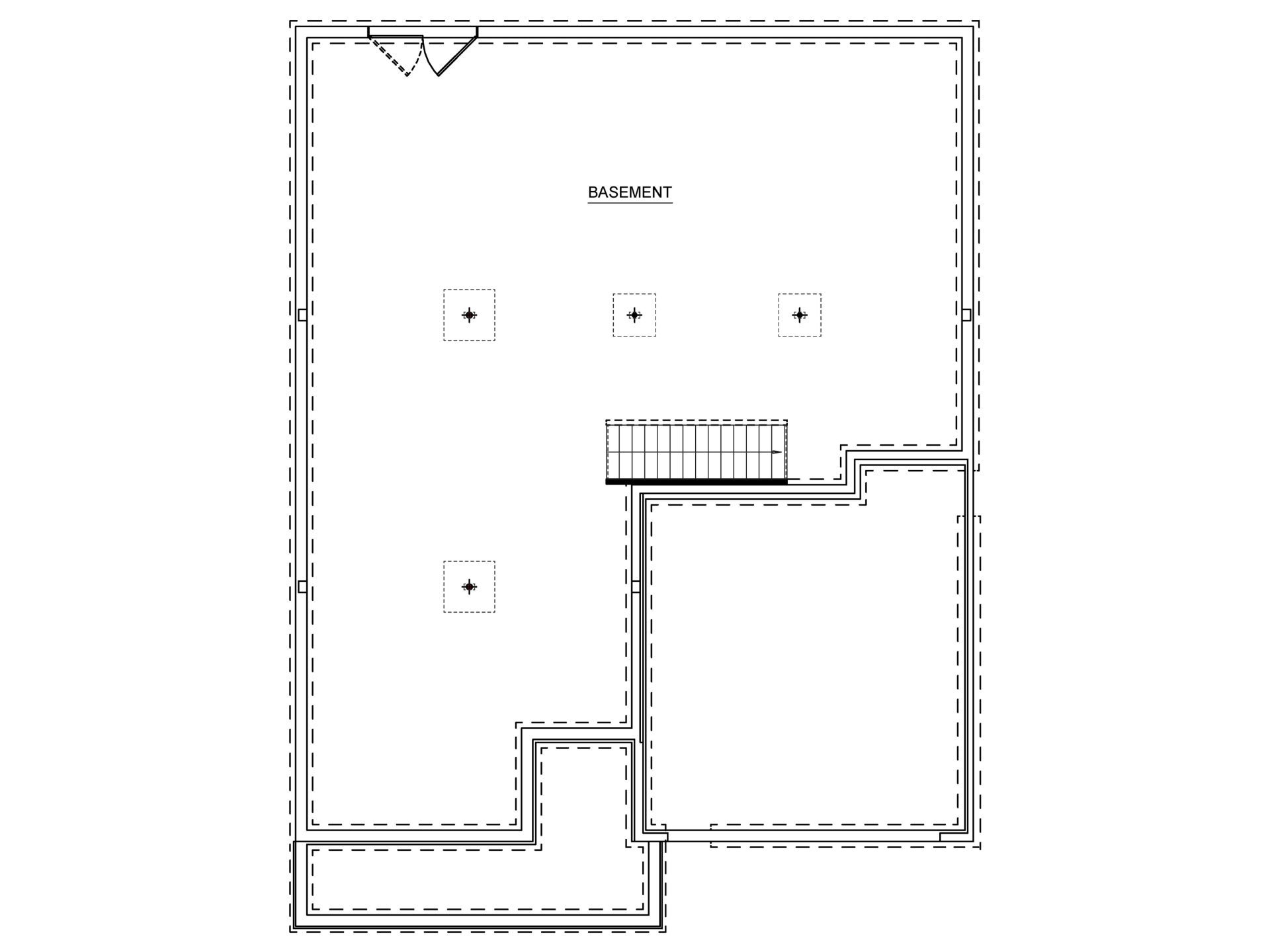 Unfinished basement floor plan showing open layout, staircase location, foundation walls, support columns, and exterior access.