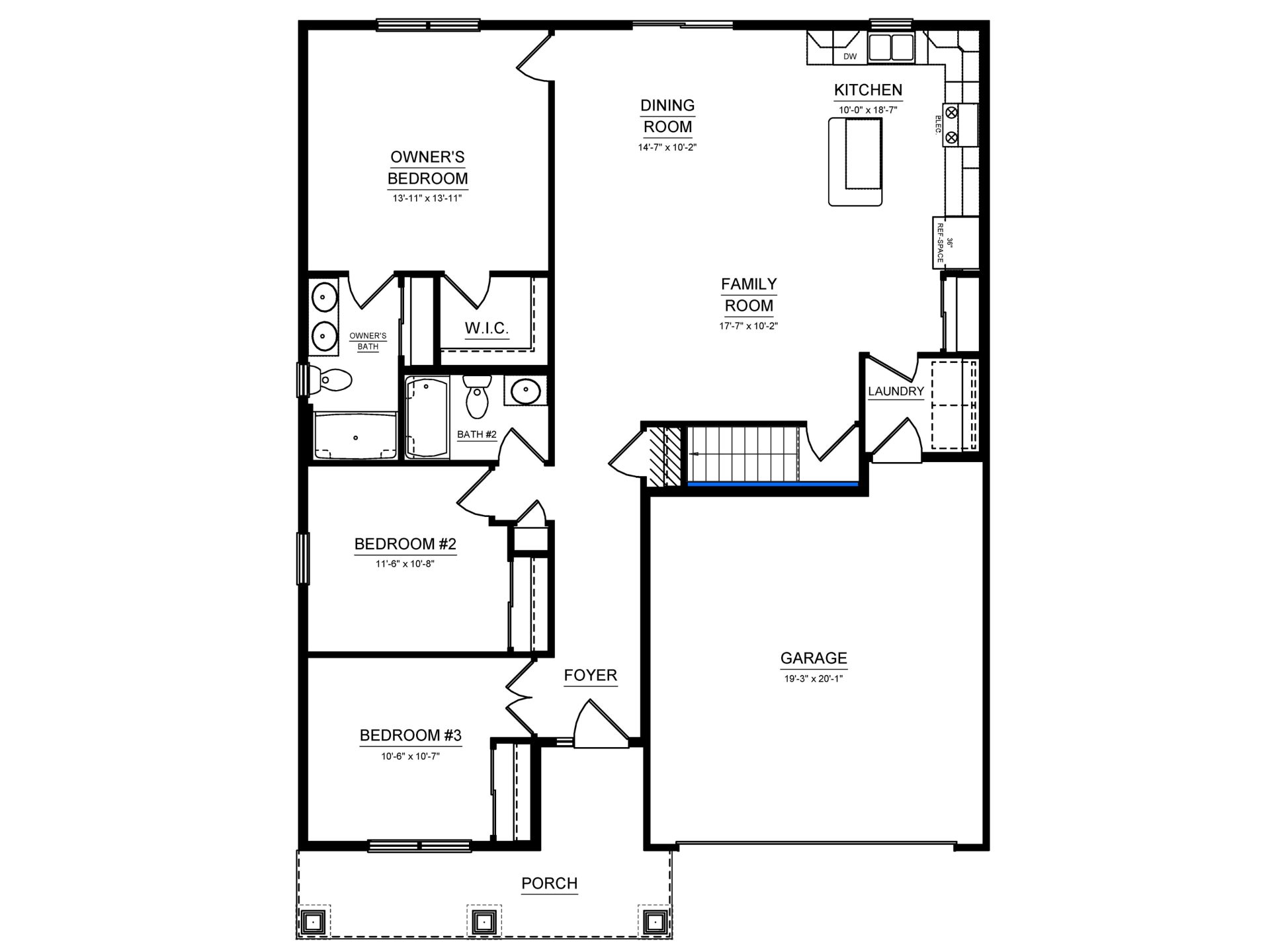 Main level floor plan featuring 3 bedrooms, open kitchen, dining and family room, owner's suite, laundry, porch, and 2-car garage.