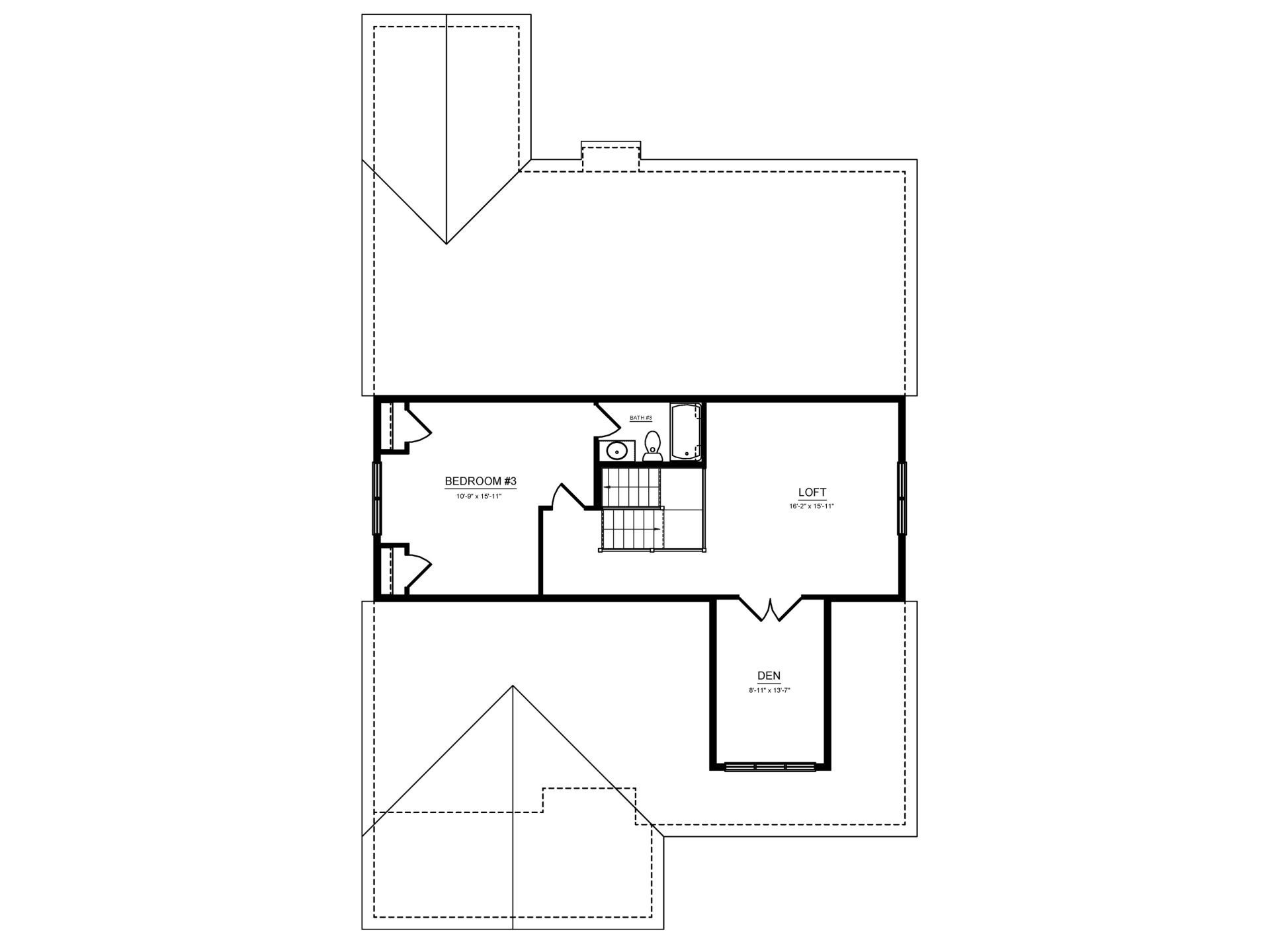 Second floor plan featuring a loft, den, third bedroom, full bath, and open staircase overlooking the main level.