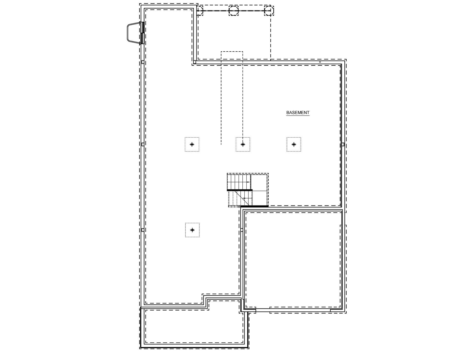 Unfinished basement floor plan with open layout, staircase access, support columns, and space for future finishing.