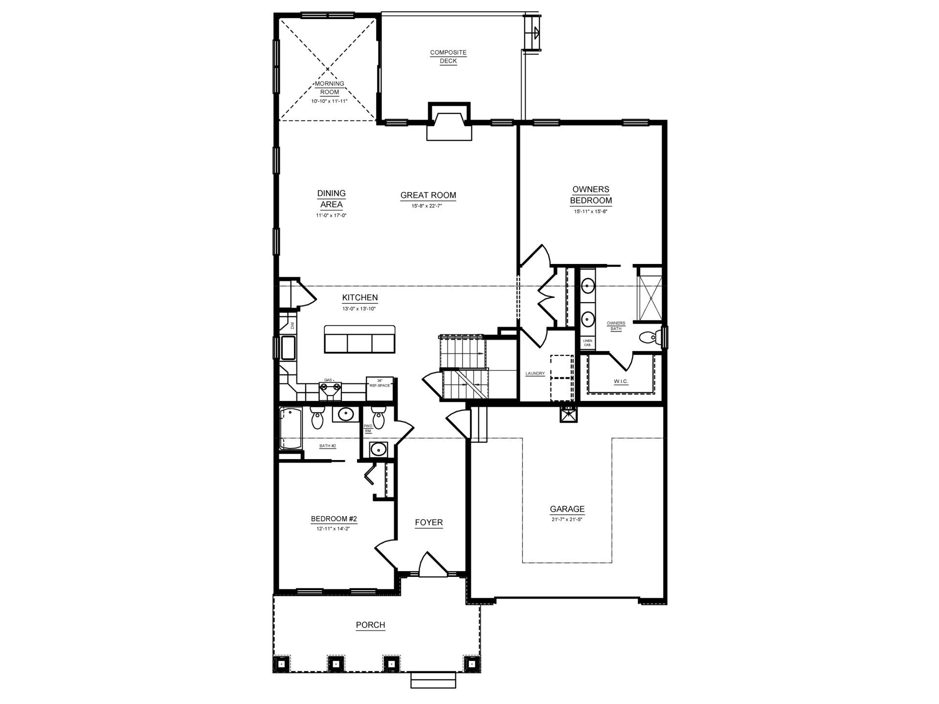 Main level floor plan with owner's suite, bedroom, open kitchen, great room, morning room, laundry, and 2-car garage.