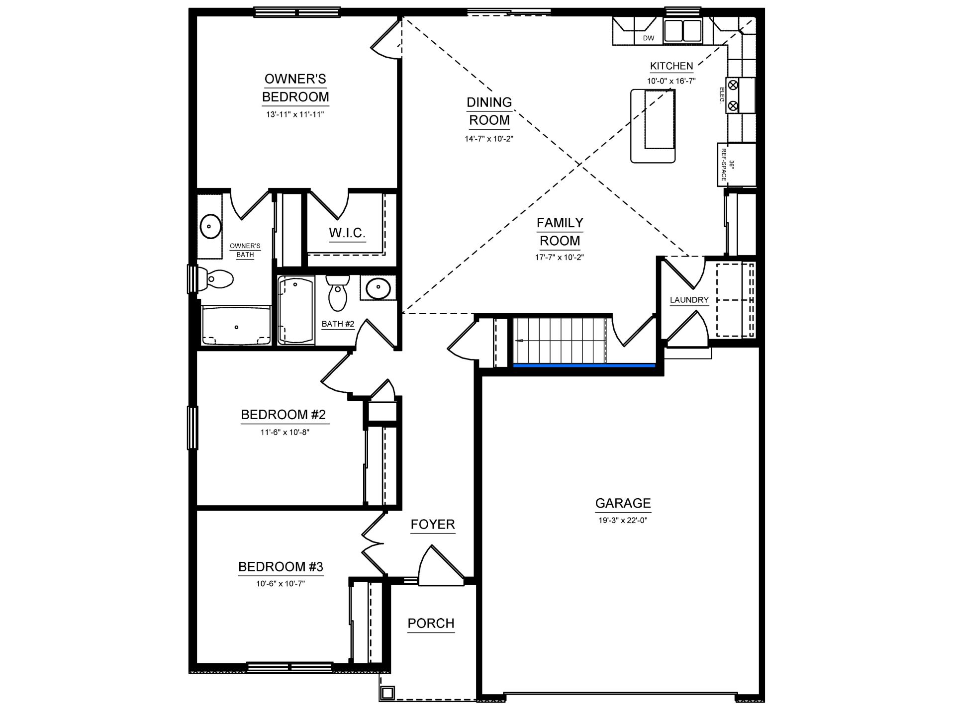 Main level floor plan showing three bedrooms, open kitchen, dining and family room, laundry, two baths, and attached garage.