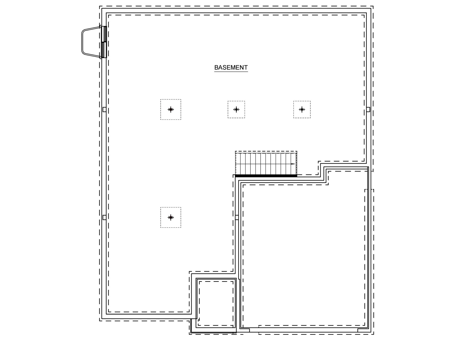Unfinished basement floor plan with stair access, open layout, utility supports, and space for future finishing or storage.