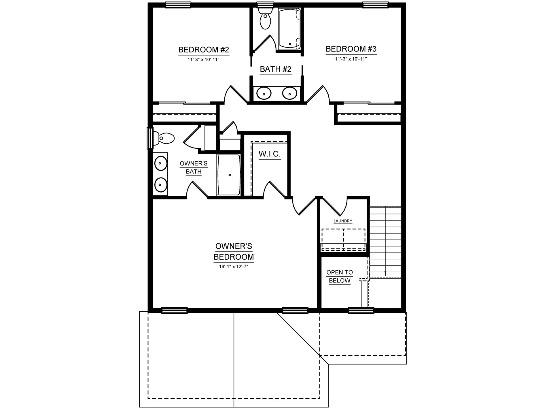 Second floor plan with owner's suite, walk-in closet, private bath, two bedrooms, Jack-and-Jill bath, and laundry room.