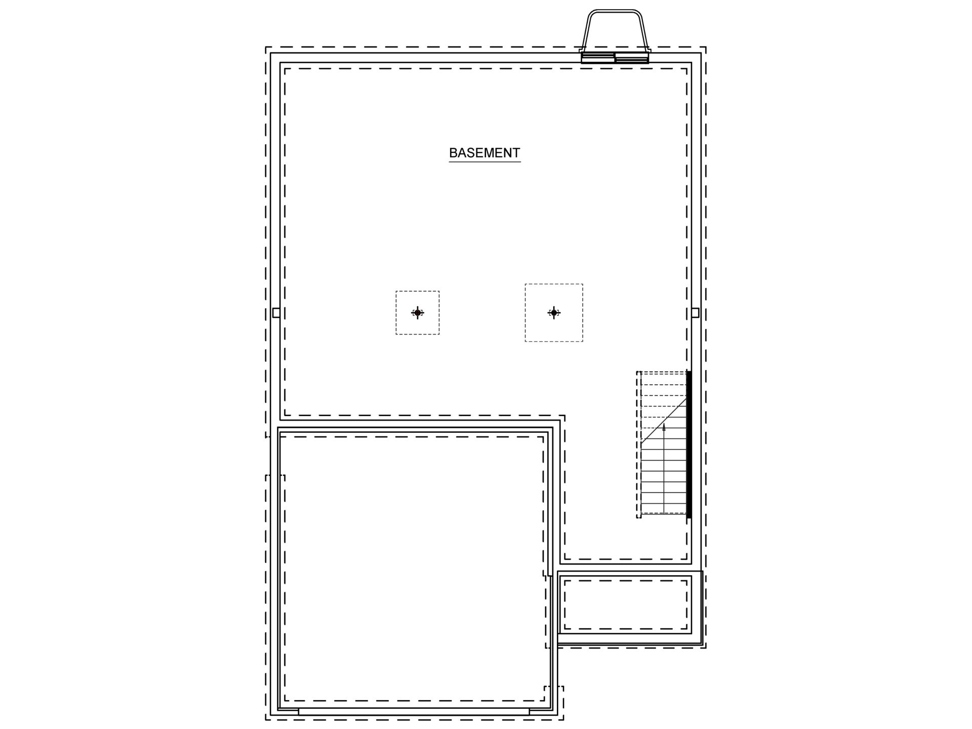 Unfinished basement floor plan with open storage space, utility areas, and staircase access from the main level.