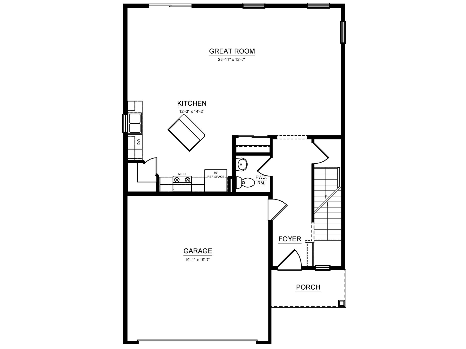 First floor plan featuring an open kitchen, great room, powder room, foyer, covered porch, and two-car garage.