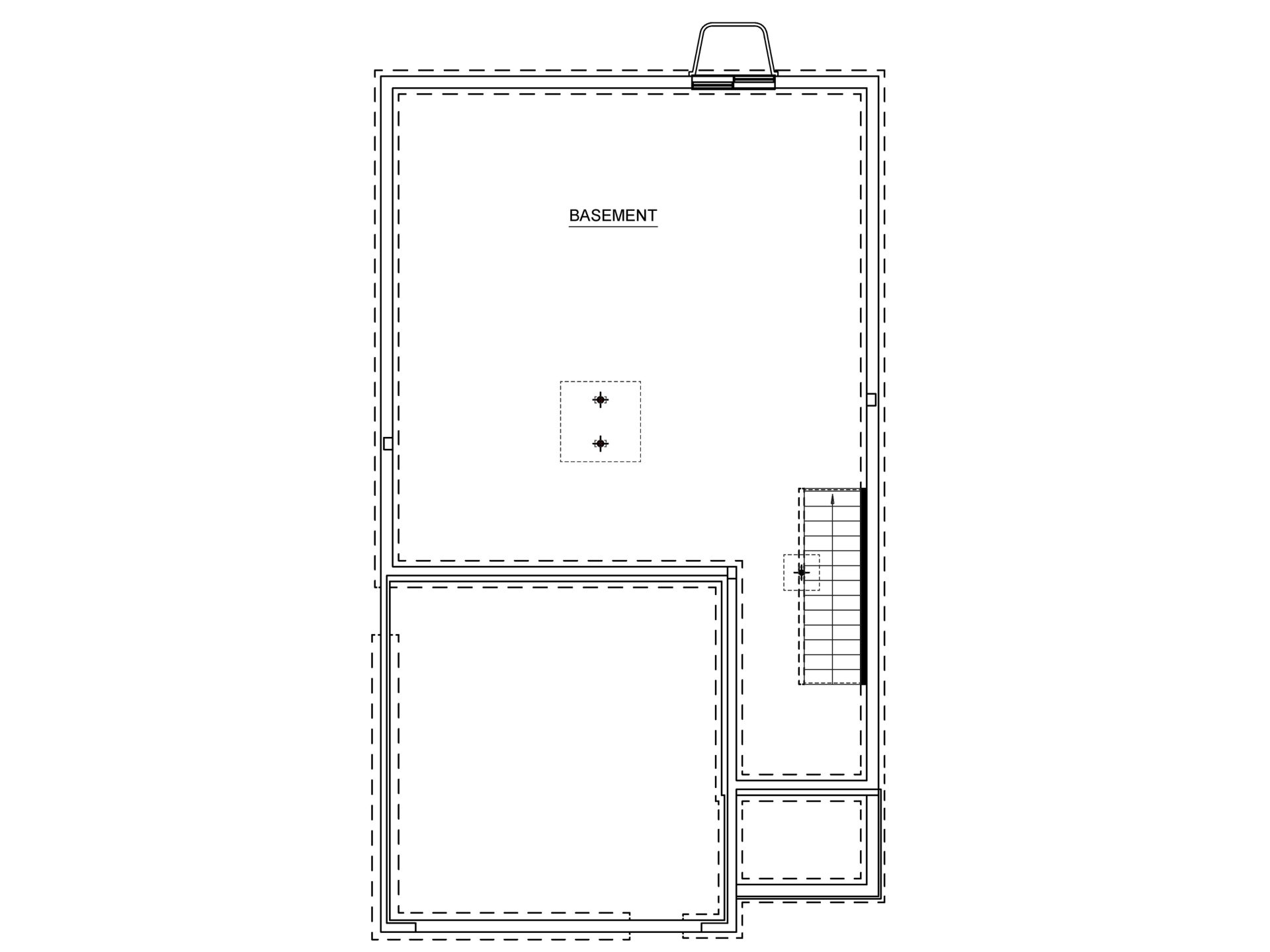 Floor plan of an unfinished basement with stair access, utility area, and open space for future finishing.