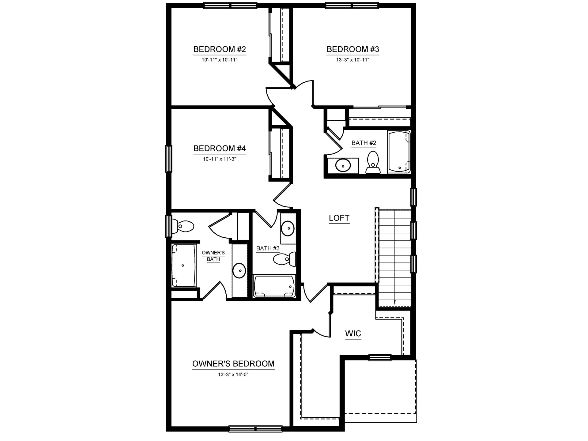 Second-floor plan with owner's suite, loft, three secondary bedrooms, walk-in closet, and three full bathrooms.
