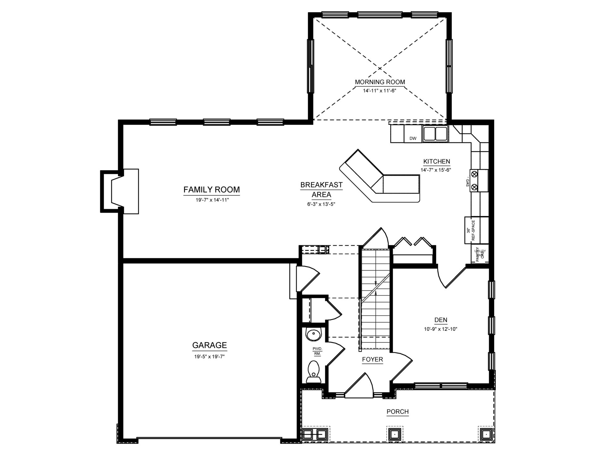 Main-level floor plan with family room, kitchen, morning room, den, powder room, porch, and two-car garage.
