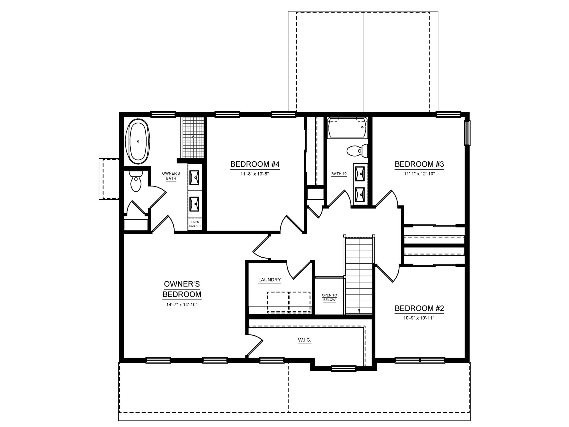Upper-level floor plan with four bedrooms, two full baths, laundry room, and owner's suite with walk-in closet.
