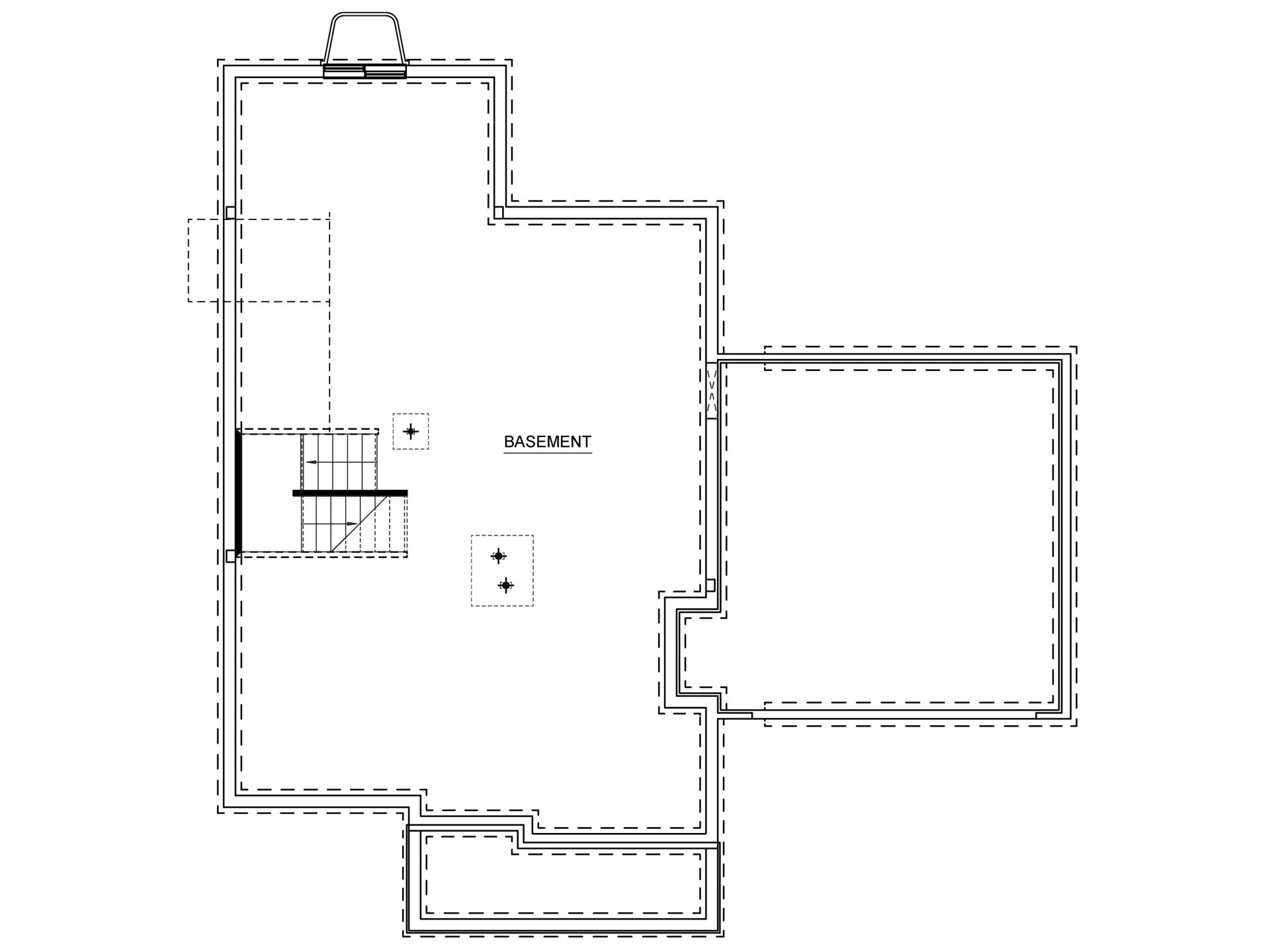 Basement floor plan showing an expansive unfinished space, stairs, utility areas, and foundation layout.