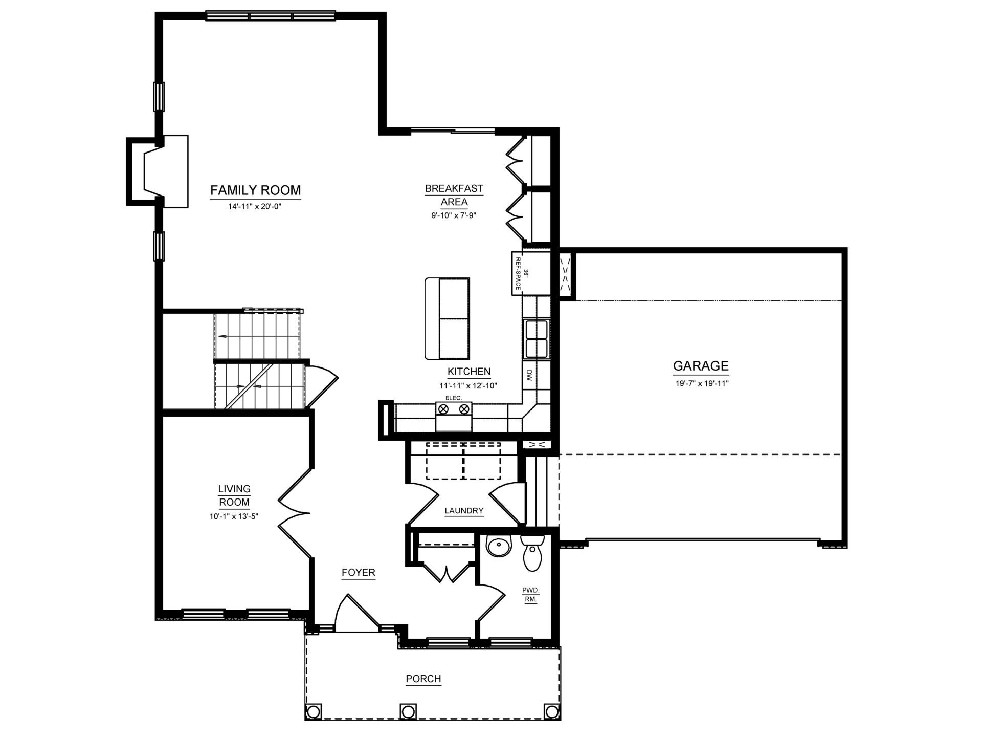 First-floor plan with family and living rooms, kitchen, breakfast area, laundry, powder room, porch, and two-car garage.