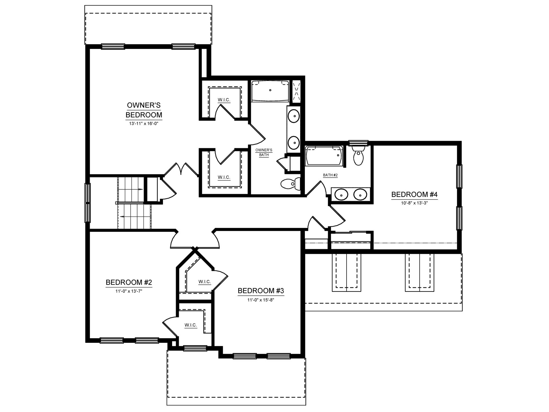 Second-floor plan with four bedrooms, two full baths, multiple walk-in closets, and central hallway.