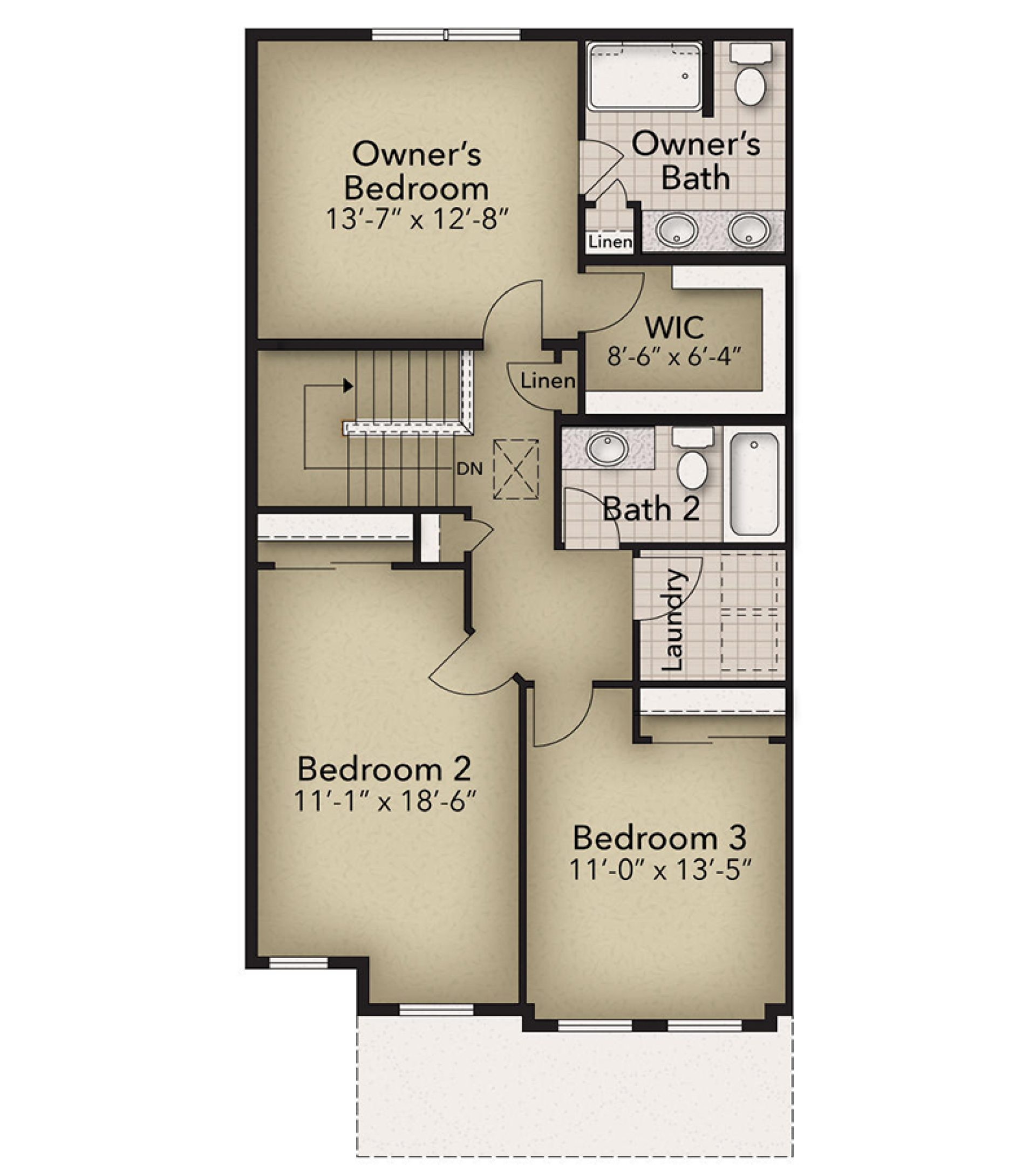 Second-floor plan with three bedrooms, two full baths, walk-in closet, linen storage and laundry room.
