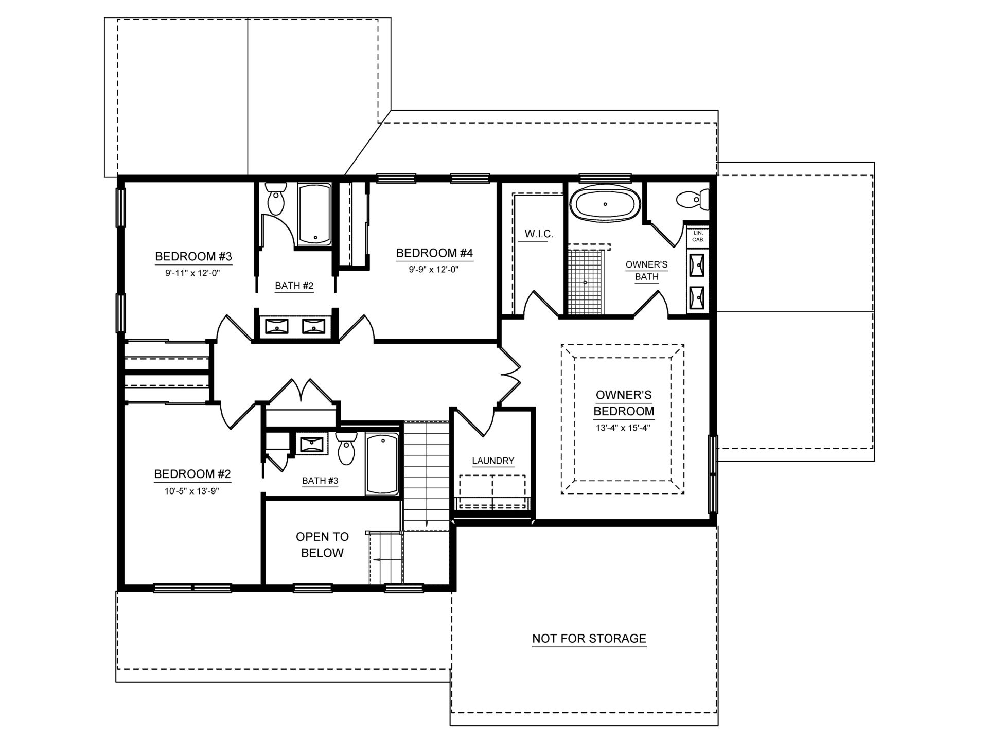 Second floor plan with four bedrooms, three full baths, owner's suite, walk-in closet and laundry room.