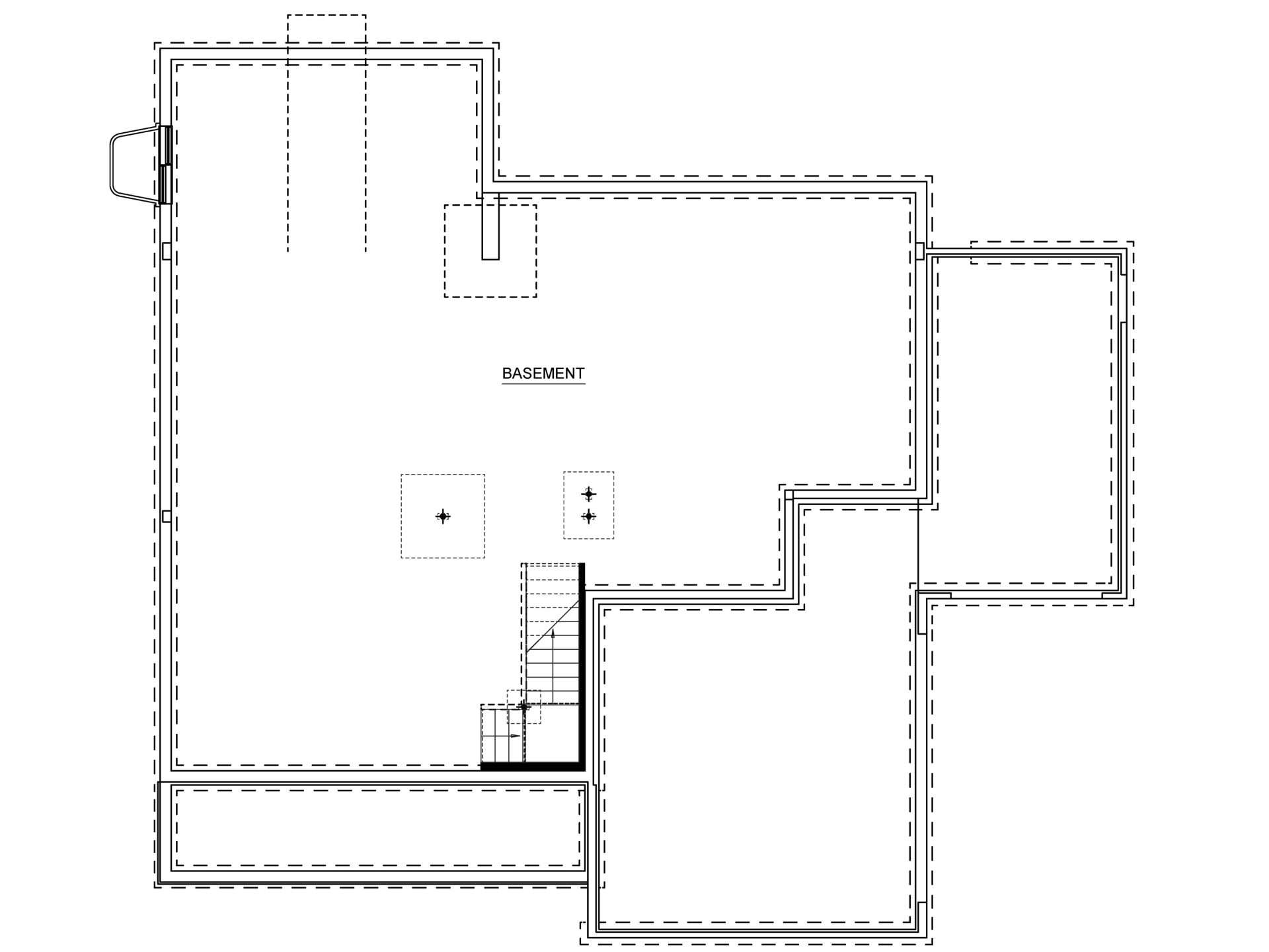 Unfinished basement floor plan showing a large open area, foundation layout and staircase to the main level.